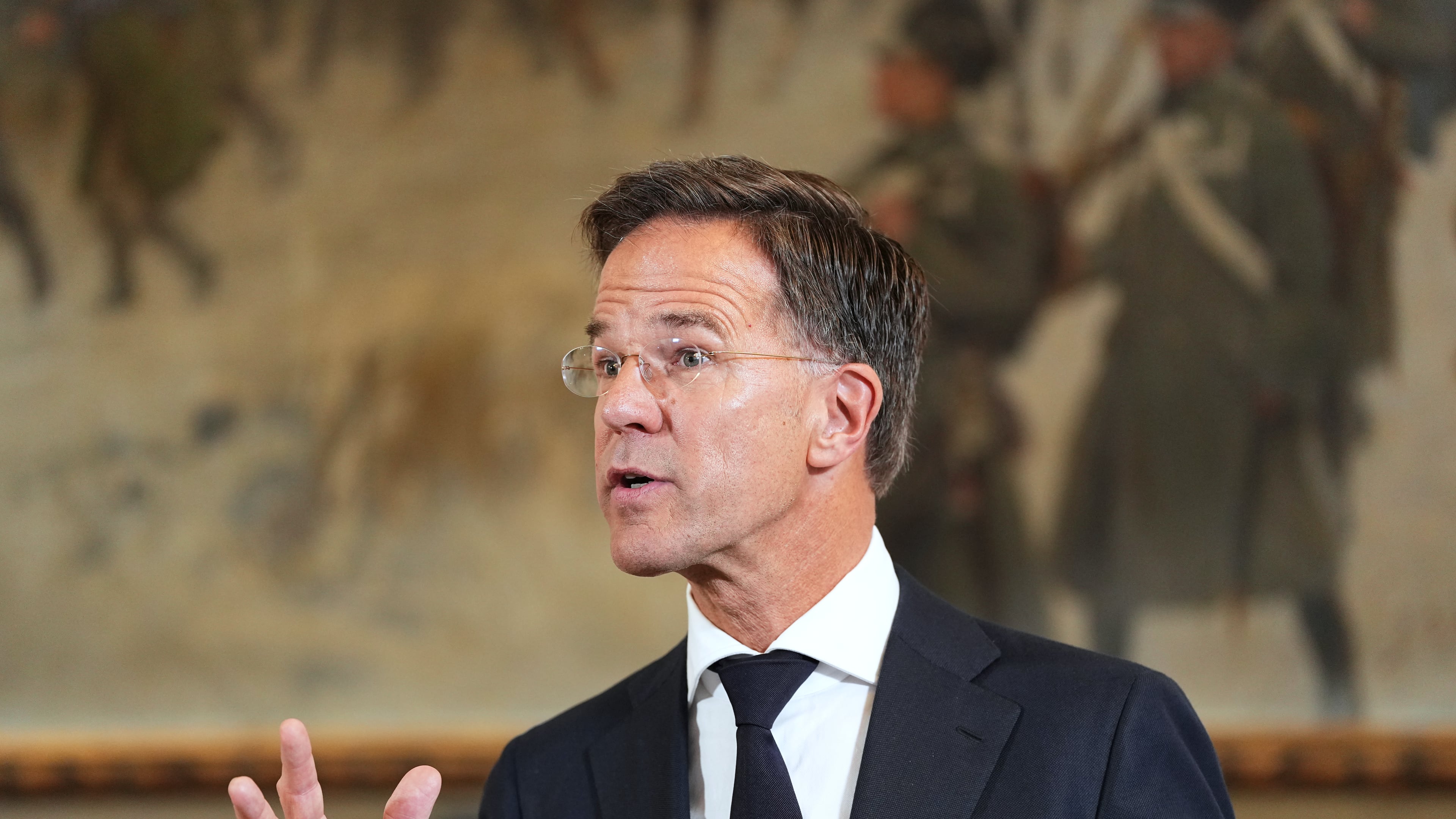 General of NATO Mark Rutte delivers a statemen during a visit of the 1. German-Netherlands Corps alongside the German Chancellor Friedrich Merz and Prime Minister of the Netherlands Rob Jetten, in Muenster, Germany, Thursday, Oct. 1, 2026. (AP Photo/Martin Meissner)