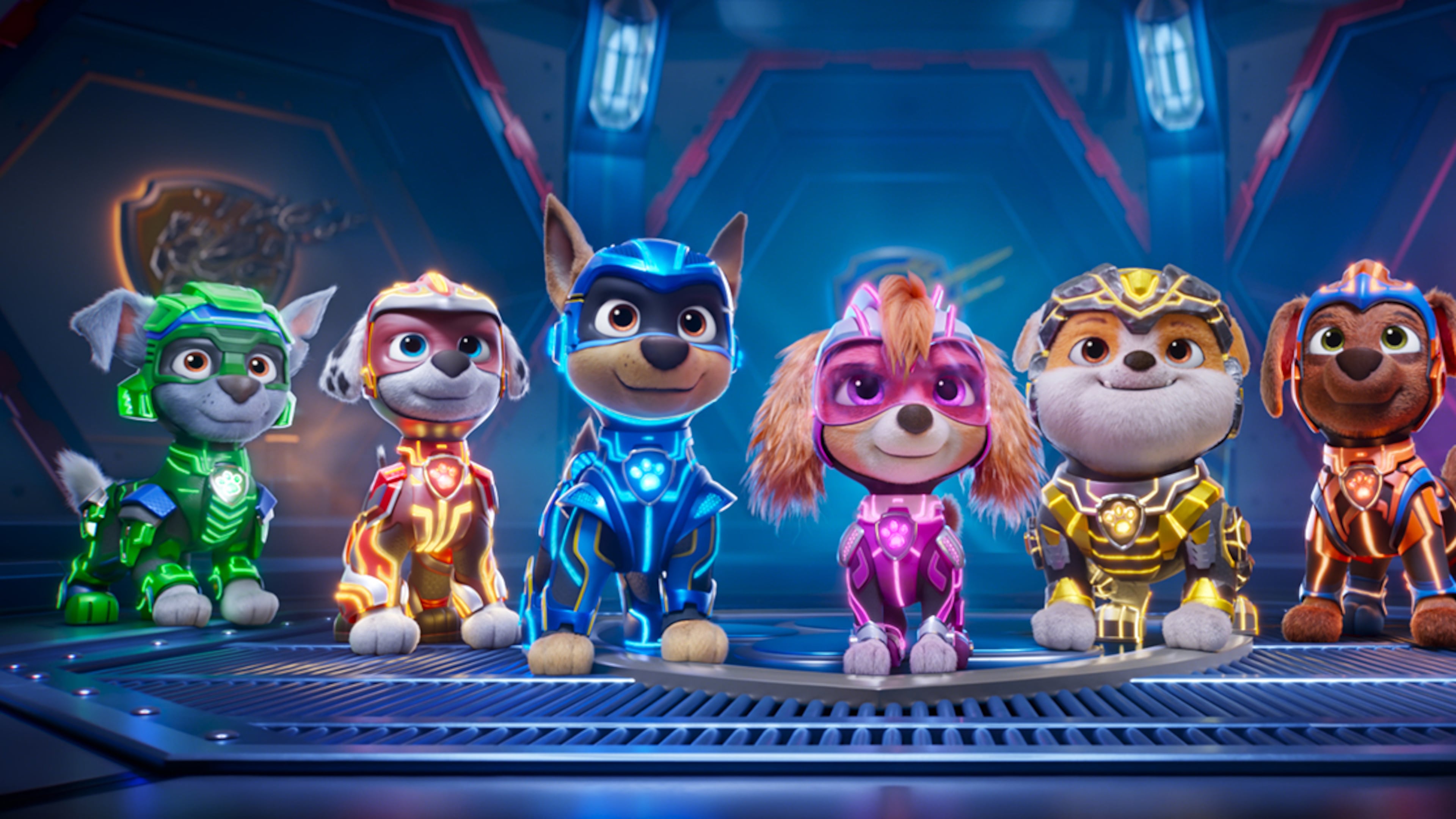 Callum Shoniker as “Rocky", Christian Corrao as “Marshall", Christian Convery as “Chase", McKenna Grace as “Skye", Luxton Handspiker as “Rubble", Nylan Parthipan as “Zuma", and Marsai Martin as “Liberty" in Paw Patrol: The Mighty Movie from Spin Master Entertainment, Nickelodeon Movies, and Paramount Pictures.