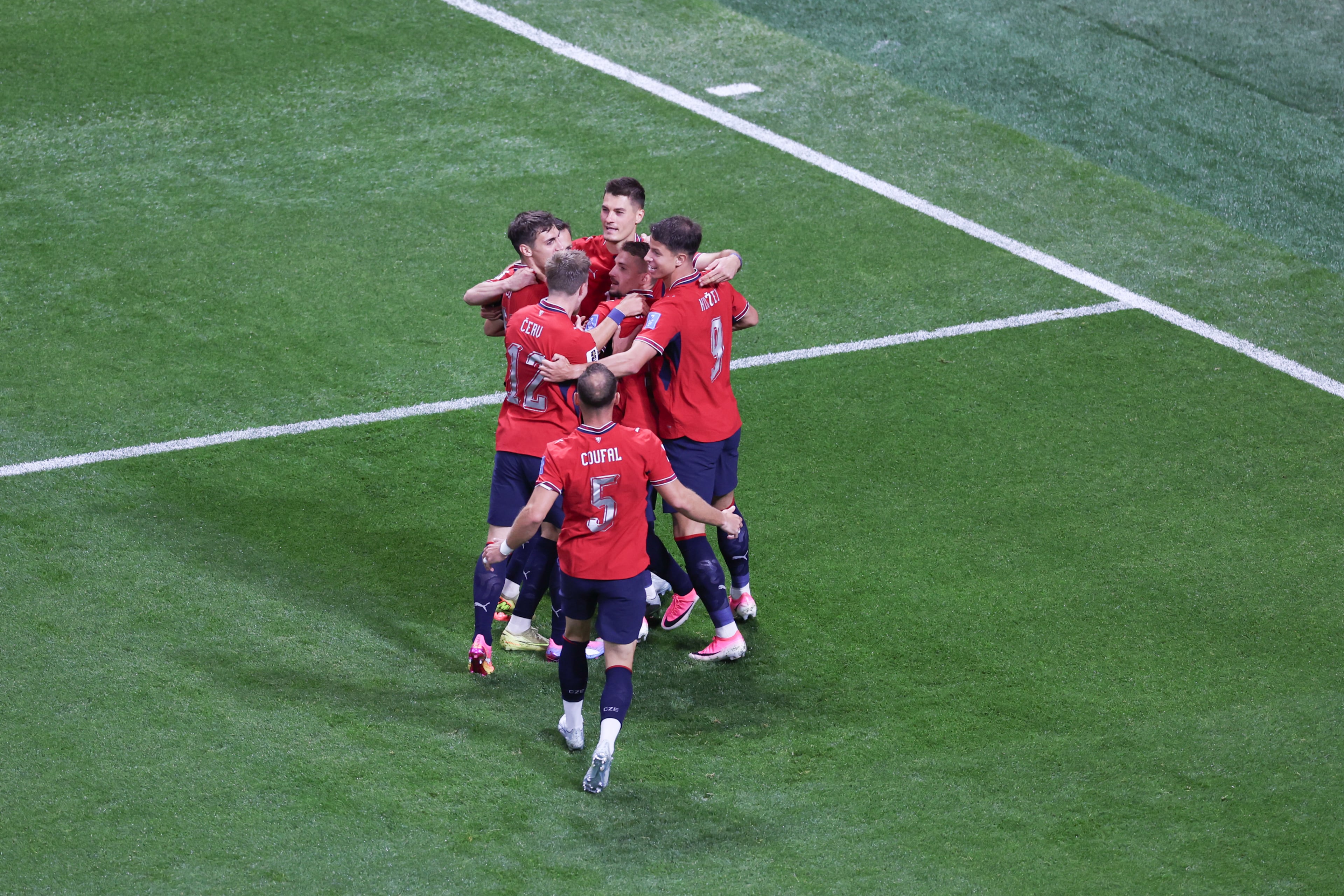 Czechia players celebrate after scoring a goal in the first half of the Czechia vs. South Africa game at the FIFA World Cup at Atlanta Stadium on Thursday, June 18, 2026. (Arvin Temkar/AJC)
