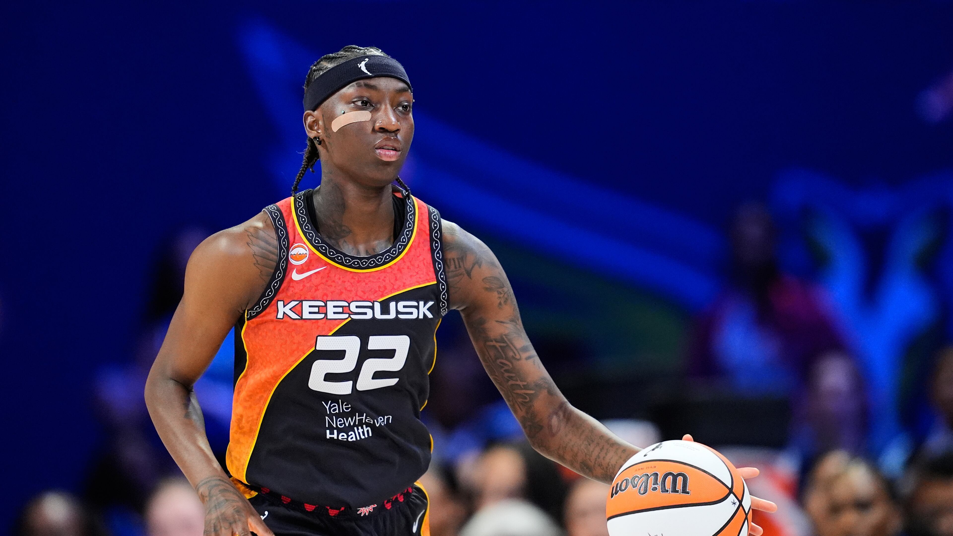 FILE - Connecticut Sun guard Saniya Rivers handles the ball during a WNBA basketball game against the Dallas Wings, Aug. 30, 2026, in Arlington, Texas. (AP Photo/Tony Gutierrez, File)