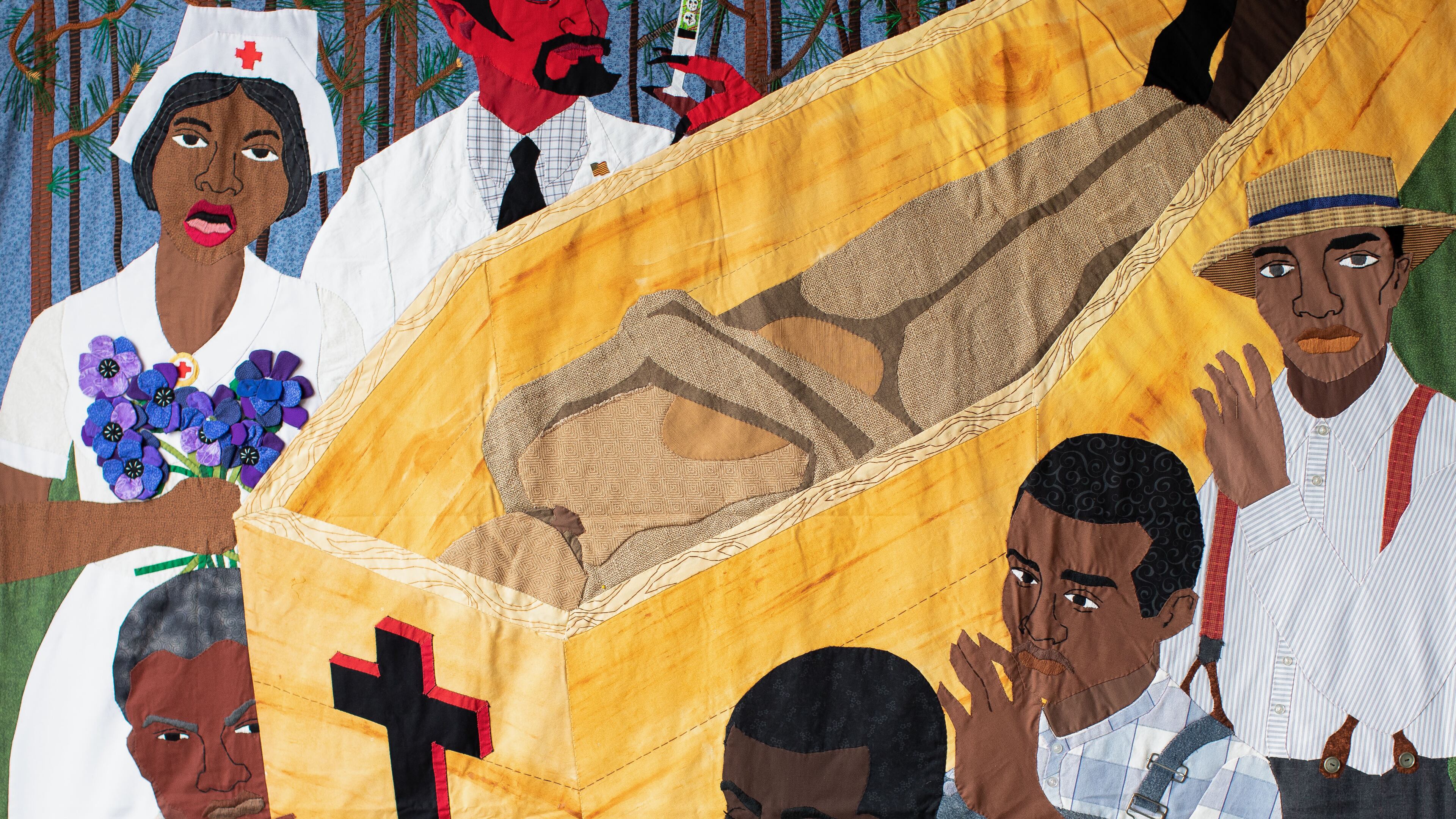 "Bad Blood" is one of the searing and difficult images in the racial justice quilts of Atlanta textile artist Dawn Williams Boyd. Boyd's show "Cloth Paintings," is now on view virtually at the Fort Gansevoort Gallery in New York City. Boyd believes its the role of the artist to comment on and reflect on past injustices.