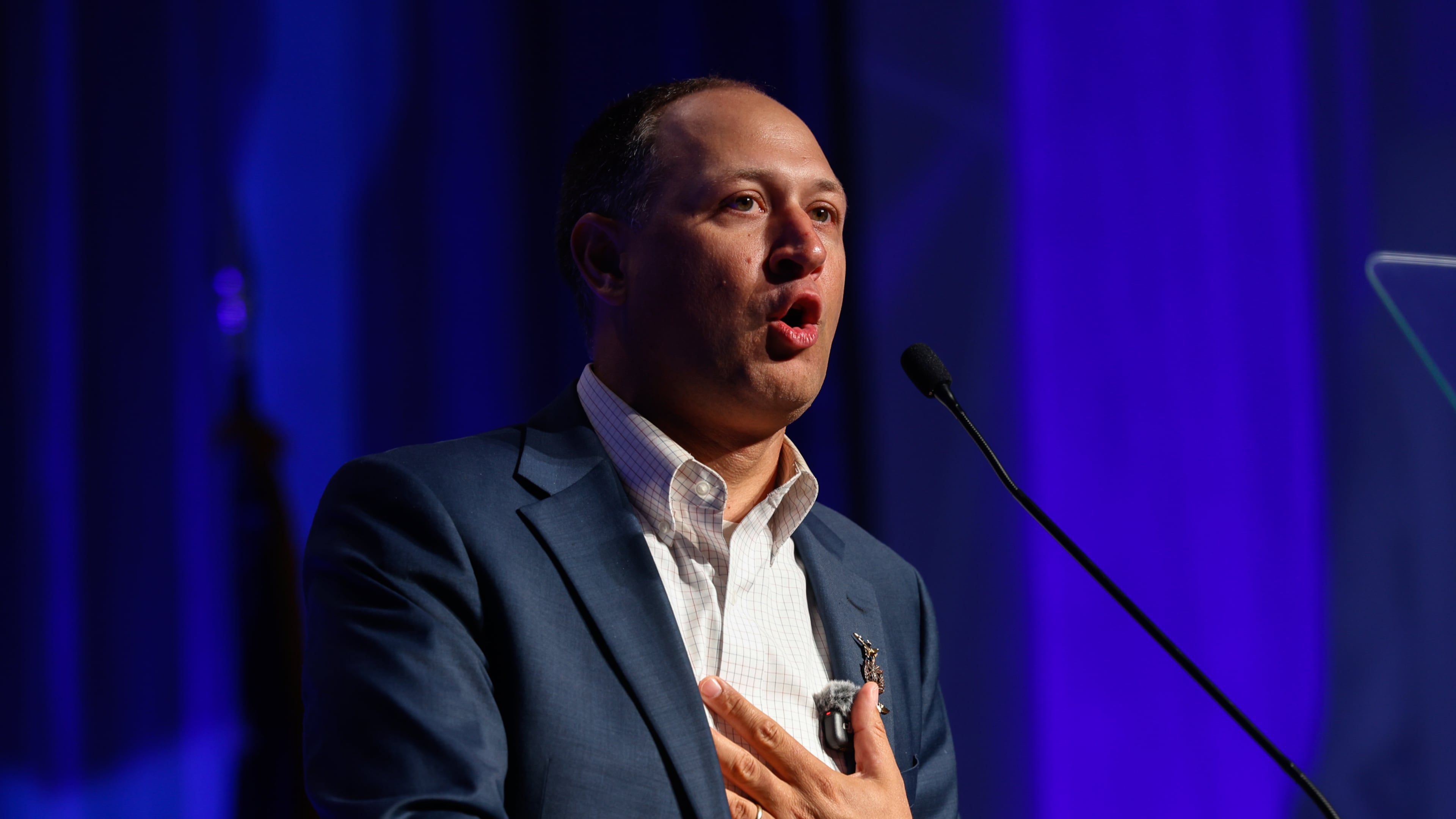 Democratic 7th Congressional District nominee Tony Kozycki speaks during the Democratic Party of Georgia state convention in Savannah in August. U.S. Sen. Jon Ossoff gave Kozycki a boost last week, urging his supporters to take the challenger seriously. (Arvin Temkar/AJC)