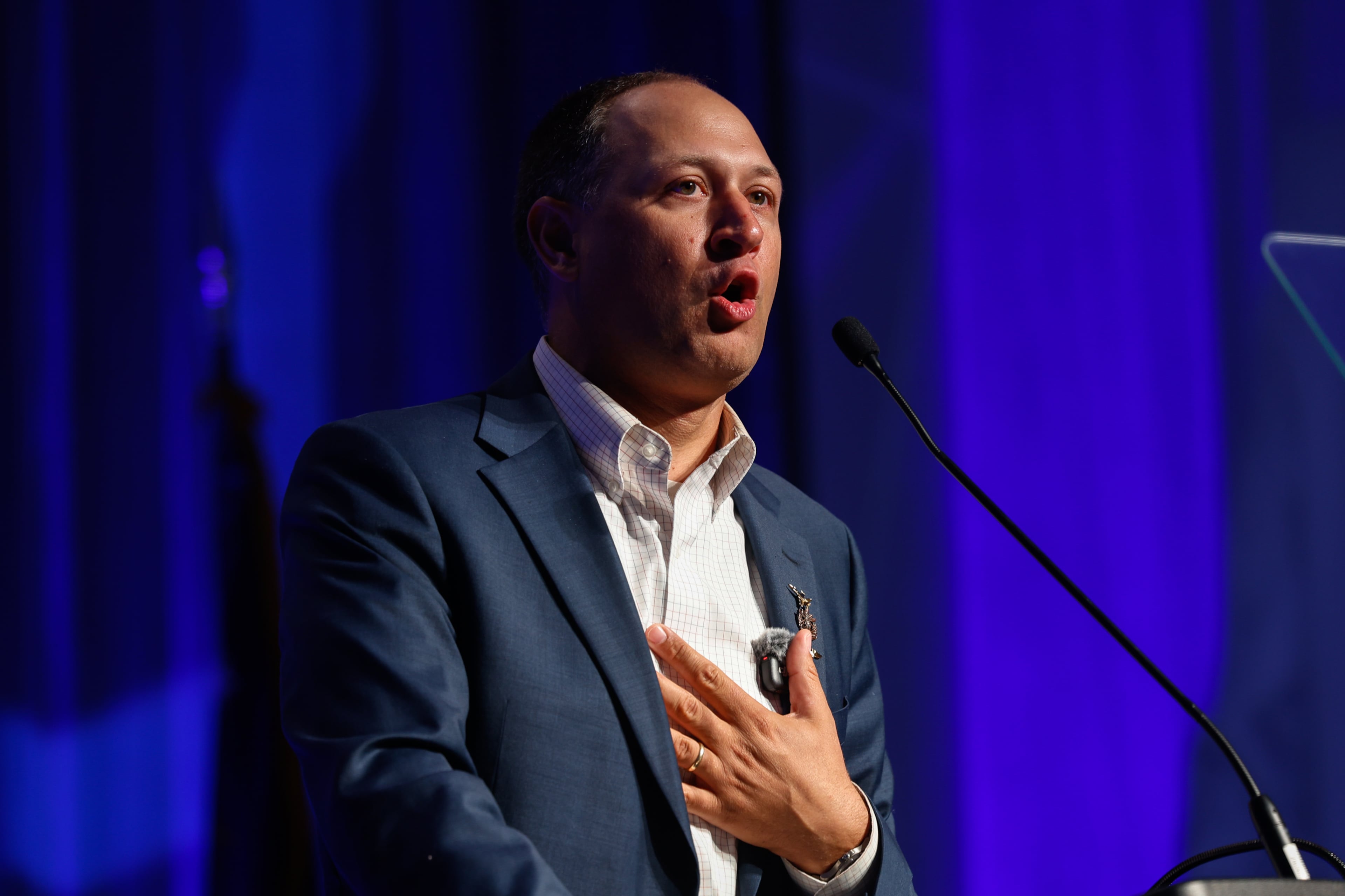 Democratic 7th Congressional District nominee Tony Kozycki speaks during the Democratic Party of Georgia state convention in Savannah in August. U.S. Sen. Jon Ossoff gave Kozycki a boost last week, urging his supporters to take the challenger seriously. (Arvin Temkar/AJC)