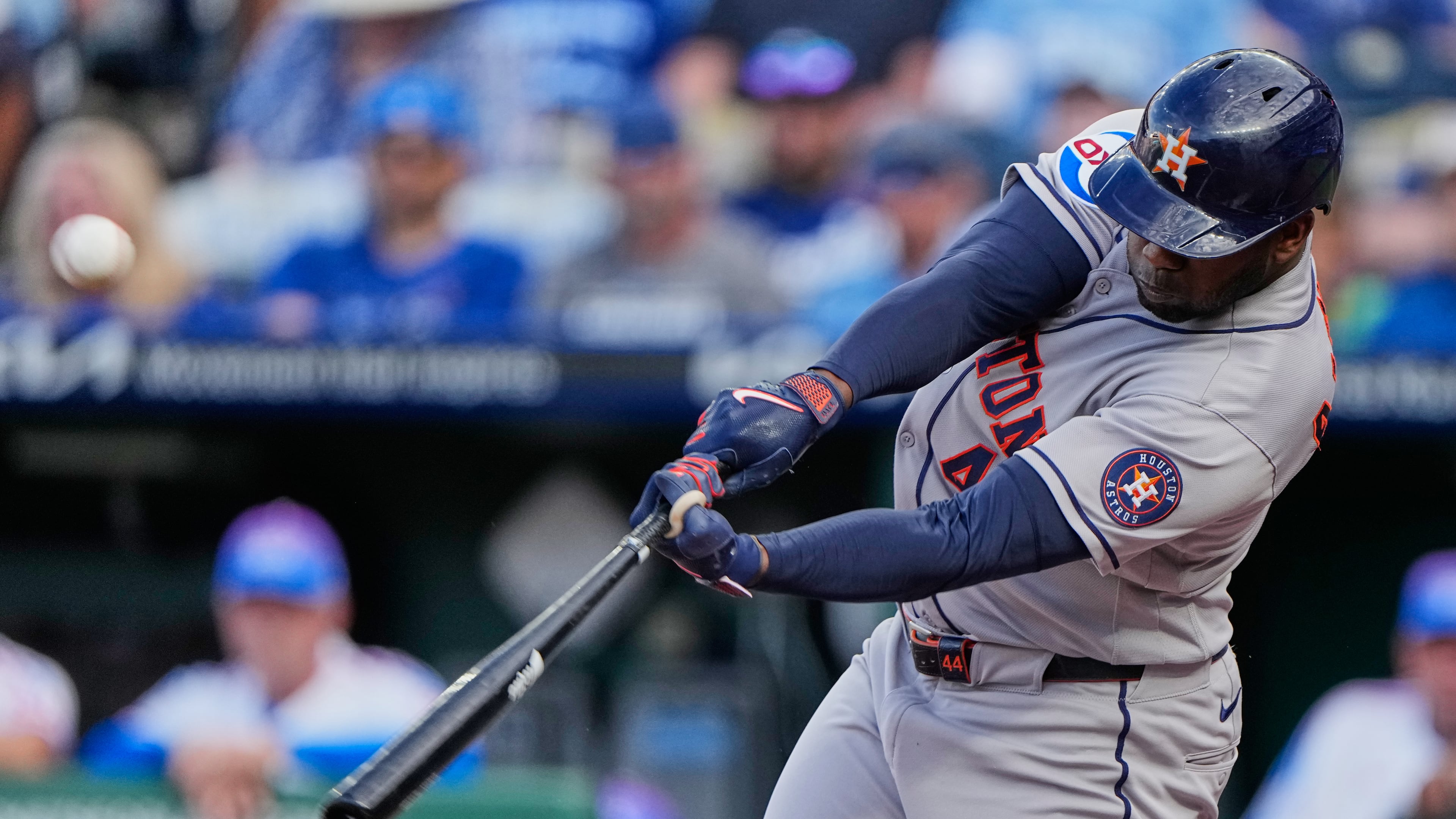 Houston Astros' Yordan Alvarez hits a two-run home run hit during the first inning of a baseball game against the Kansas City Royals, Friday, June 12, 2026, in Kansas City, Mo. (AP Photo/Charlie Riedel)