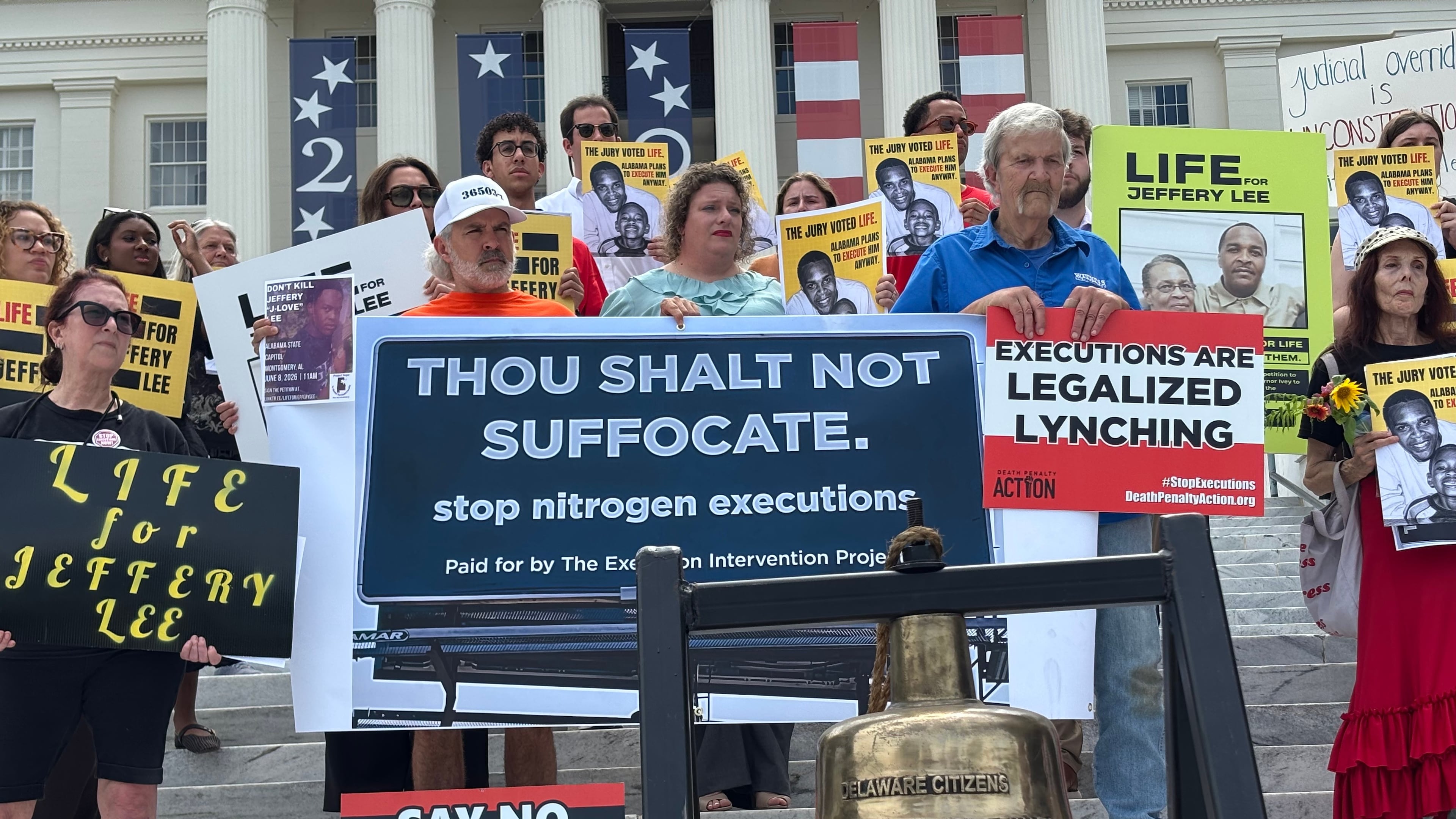 Protesters gather outside the Capitol in Montgomery, Ala., on Monday, June 8, 2026, to oppose an upcoming execution in Alabama. (AP Photo/Kim Chandler)