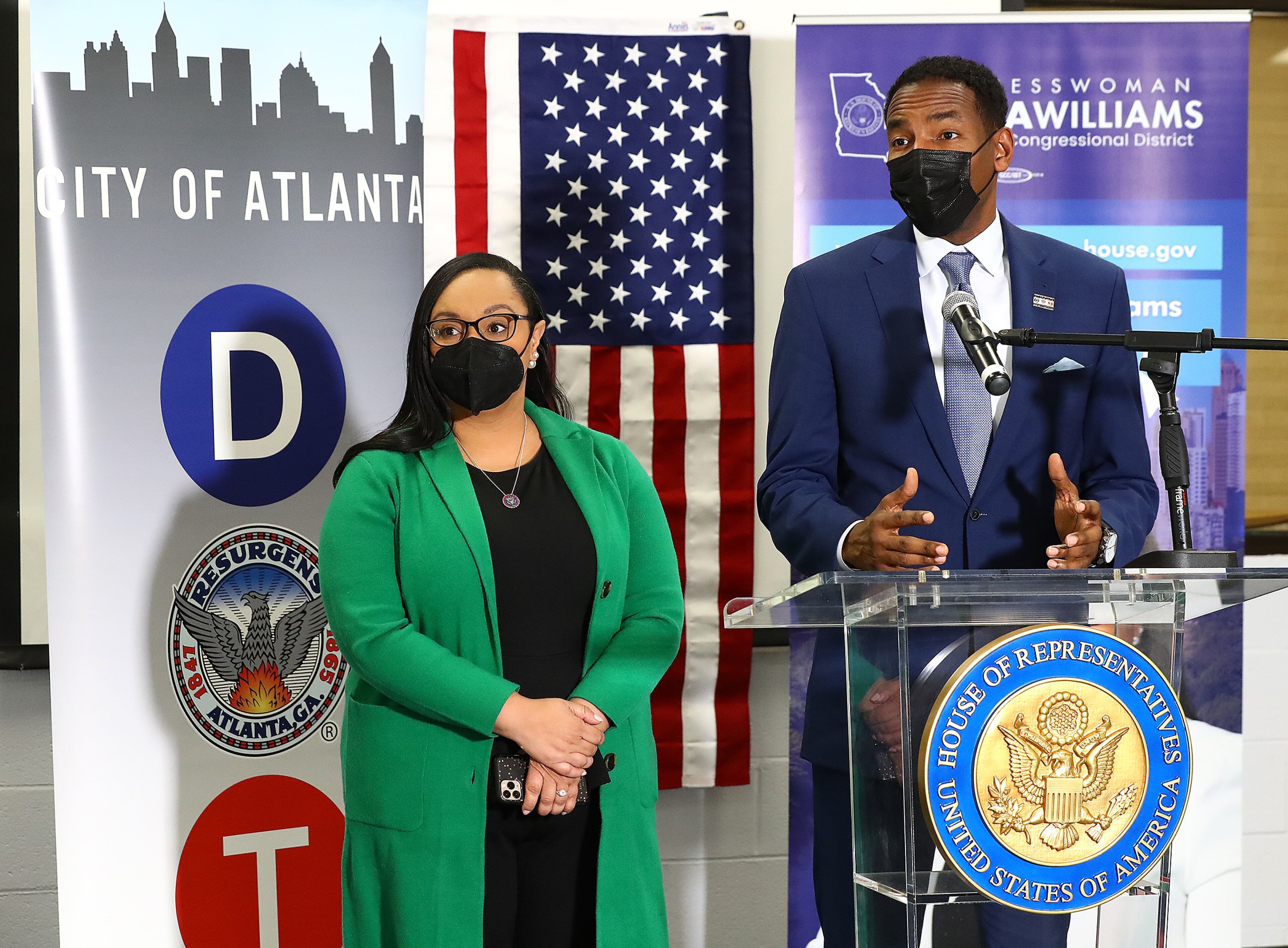 Atlanta Mayor Andre Dickens and Congresswoman Nikema Williams take questions during a tour of the ATLDOT North Avenue facility. (Curtis Compton / Curtis.Compton@ajc.com)