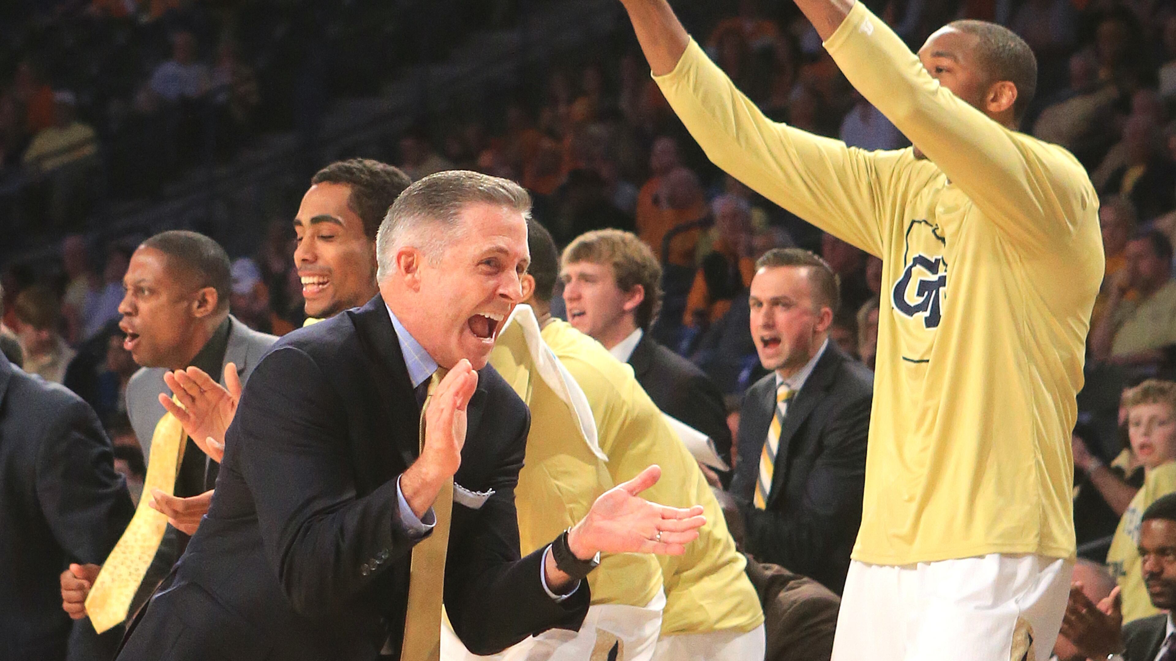 Georgia Tech head coach Brian Gregory and the bench react as the Jackets get a steal against Tennessee during the first half in a basketball game on Monday, Nov. 16, 2015 in Atlanta. Curtis Compton / ccompton@ajc.com