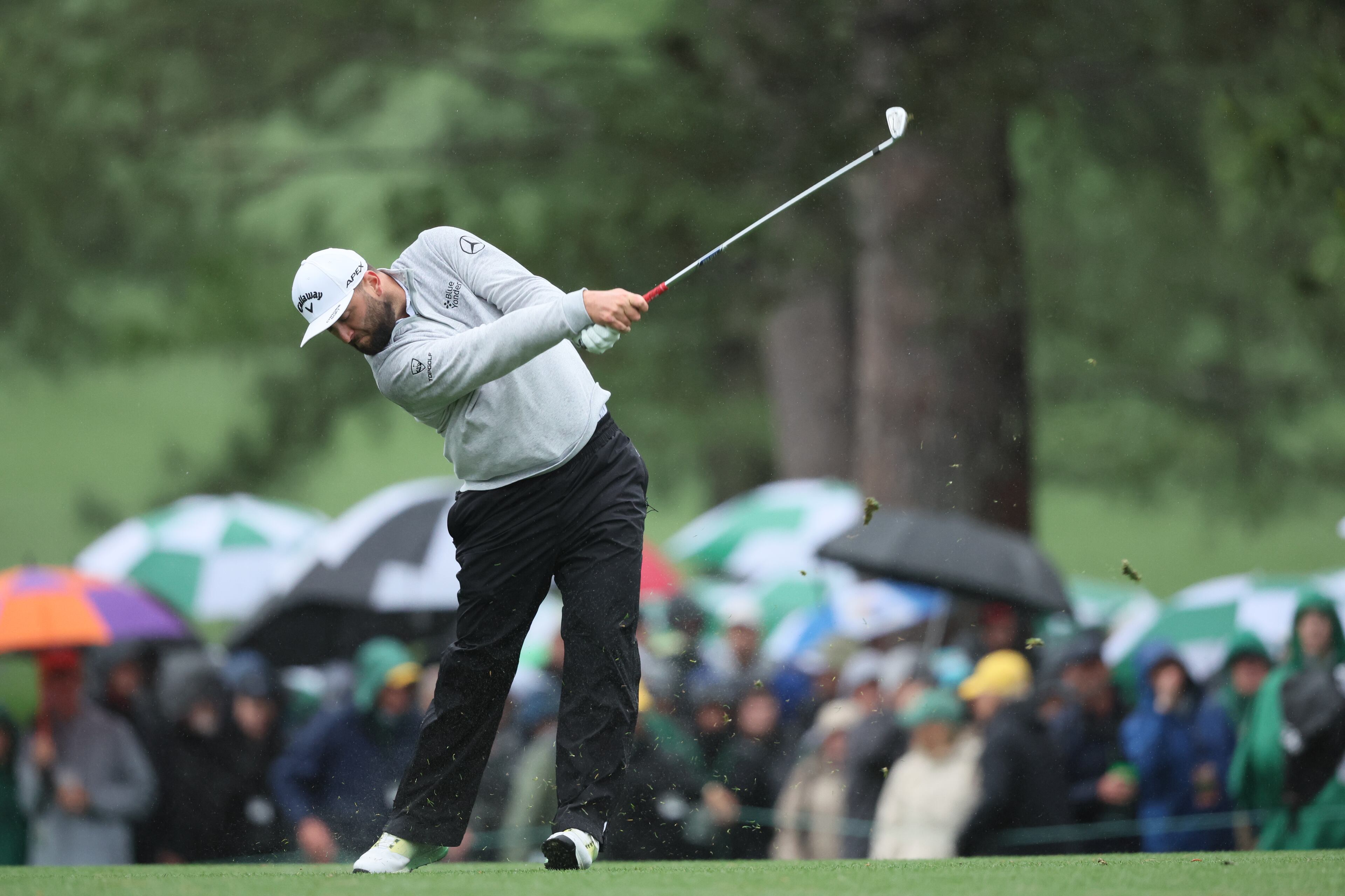 Jon Rahm tees off on 17th hole during second round of the 2023 Masters Tournament at Augusta National Golf Club, Saturday, April 8, 2023, in Augusta, Ga. (Jason Getz / Jason.Getz@ajc.com)