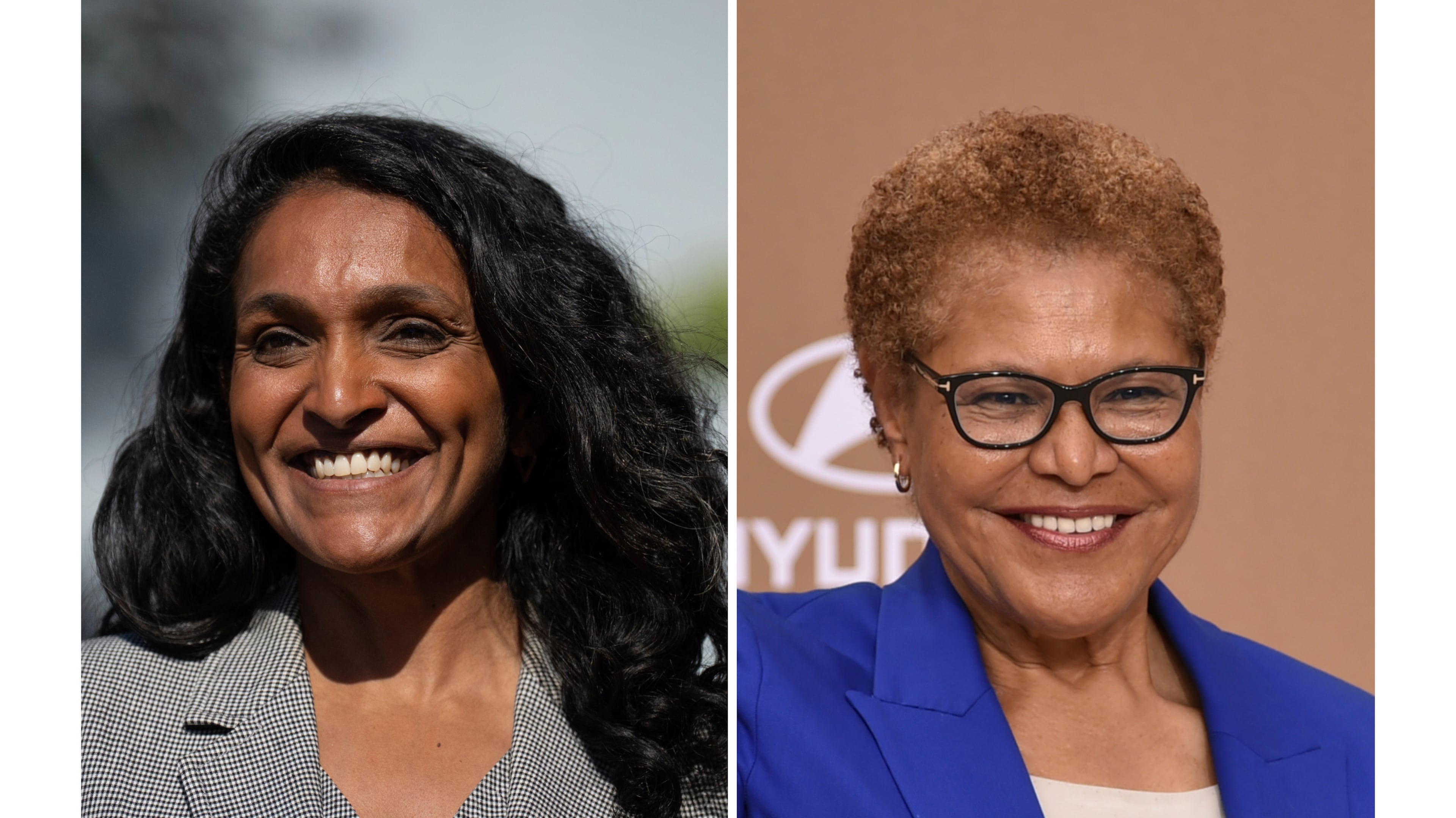 FILE - This photo combo shows from left, Nithya Raman, a candidate in the Los Angeles mayoral race on Monday, June 1, 2026 and Los Angeles mayor Karen Bass on Sunday, June 28, 2026, (AP Photo/File)