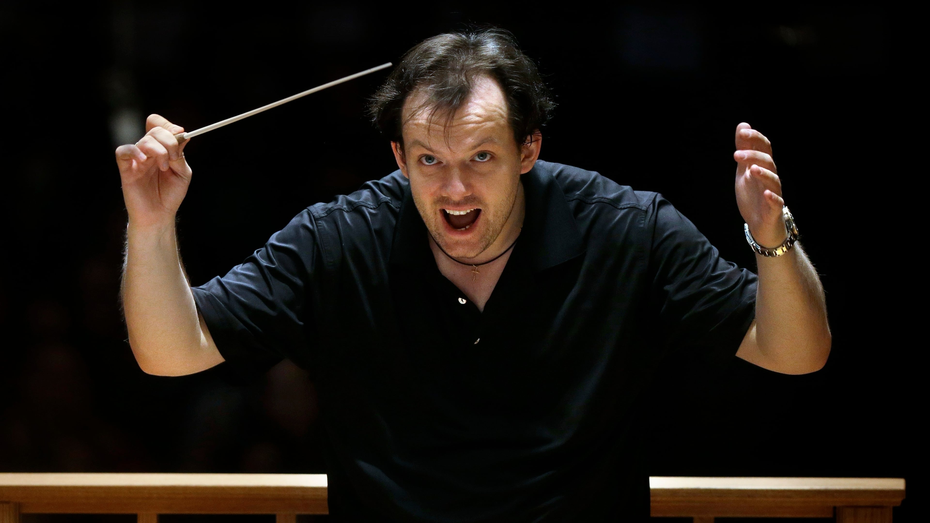FILE - Boston Symphony Orchestra music director Andris Nelsons rehearses with the orchestra at Symphony Hall, Nov. 20, 2014, in Boston. (AP Photo/Steven Senne, File)