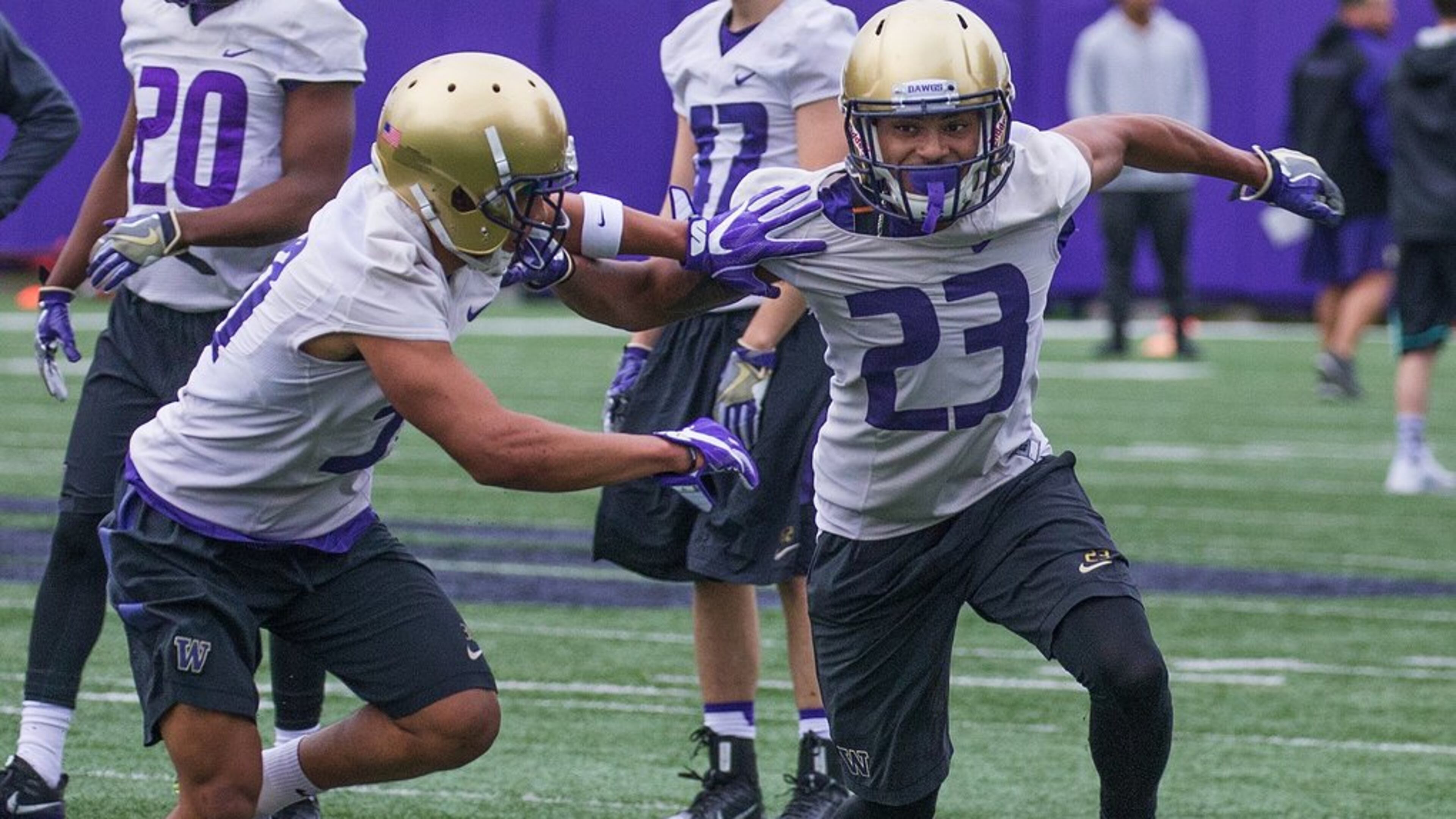 Cornerback Jordan Miller runs a drill during the University of Washington’s first spring football practice at Husky Stadium on Monday March 27, 2017. (Mike Siegel/The Seattle Times)