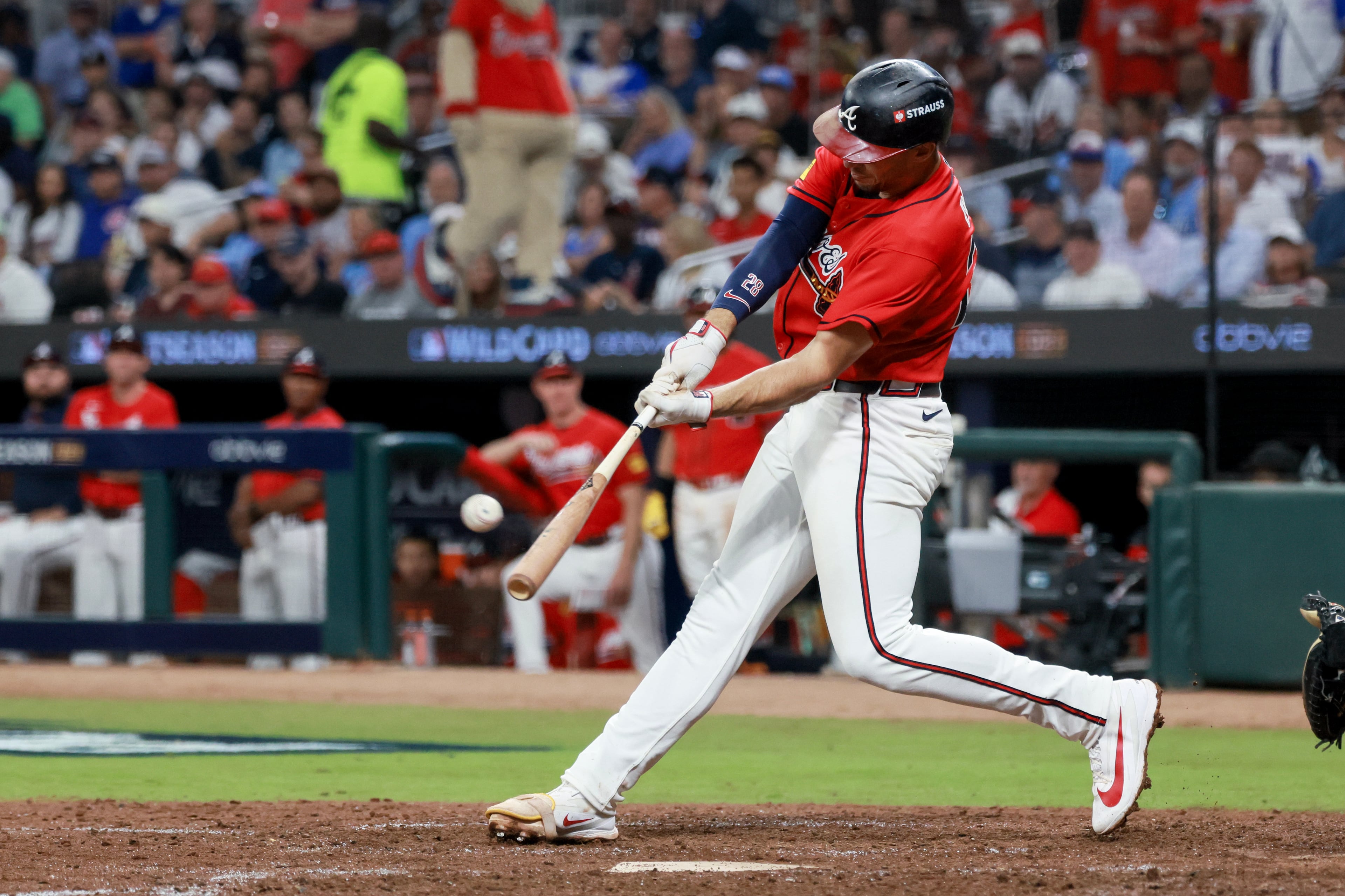 Braves first baseman Matt Olson hits a solo home run against the Phillies during Game 3 of their NL Wild Card Series on Thursday, Oct. 1, 2026, in Atlanta. (Jason Getz/AJC)