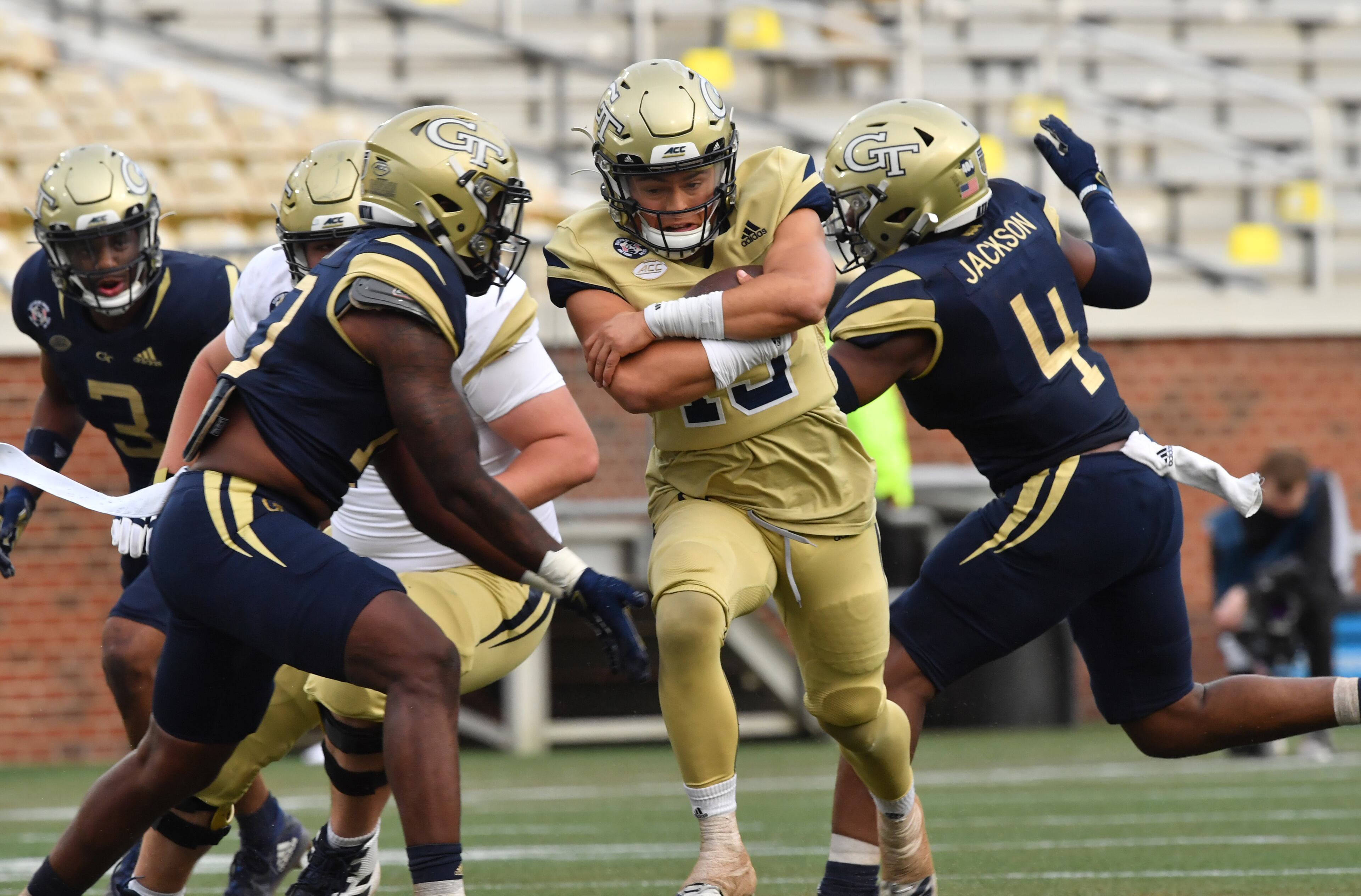 Quarterback Jordan Yates (13) runs with the ball during the 2021 Spring Game at Georgia Tech's Bobby Dodd Stadium in Atlanta on Friday, April 23, 2021. (Hyosub Shin / Hyosub.Shin@ajc.com)