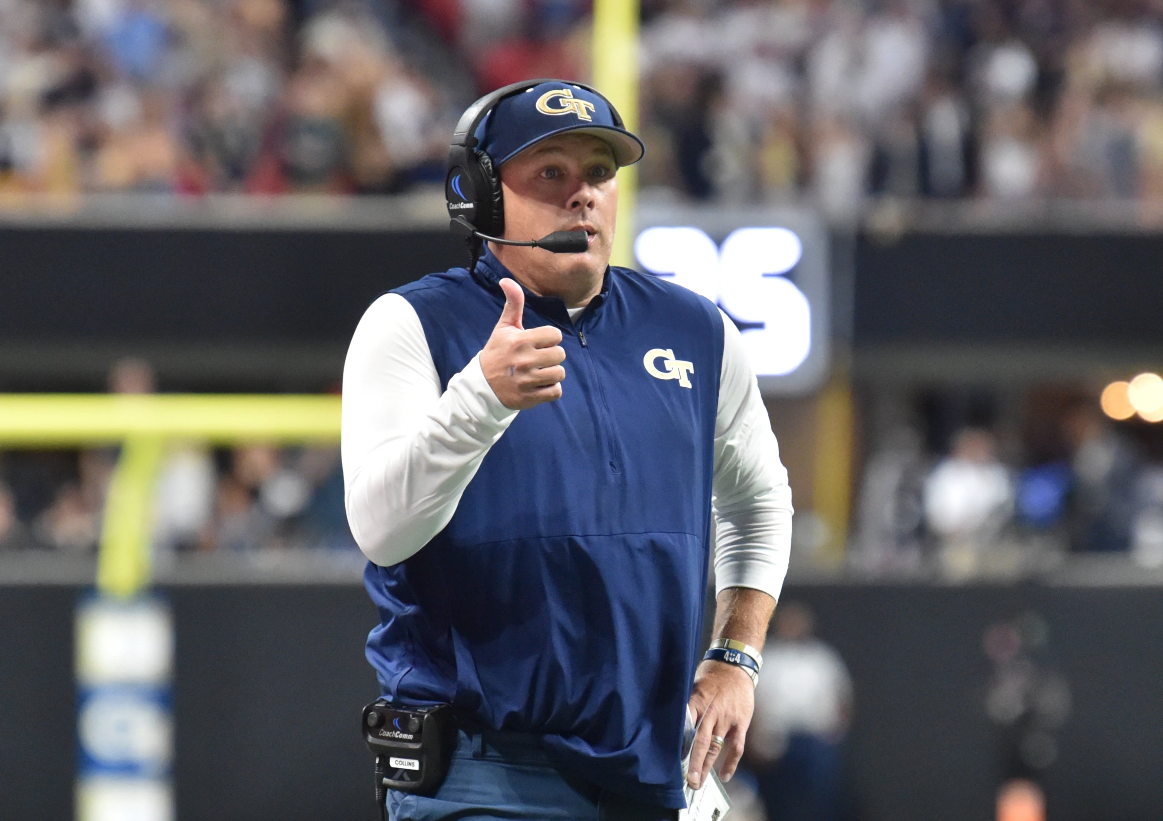 Georgia Tech's head coach Geoff Collins gives a thumbs up during the second half. (Hyosub Shin / Hyosub.Shin@ajc.com)