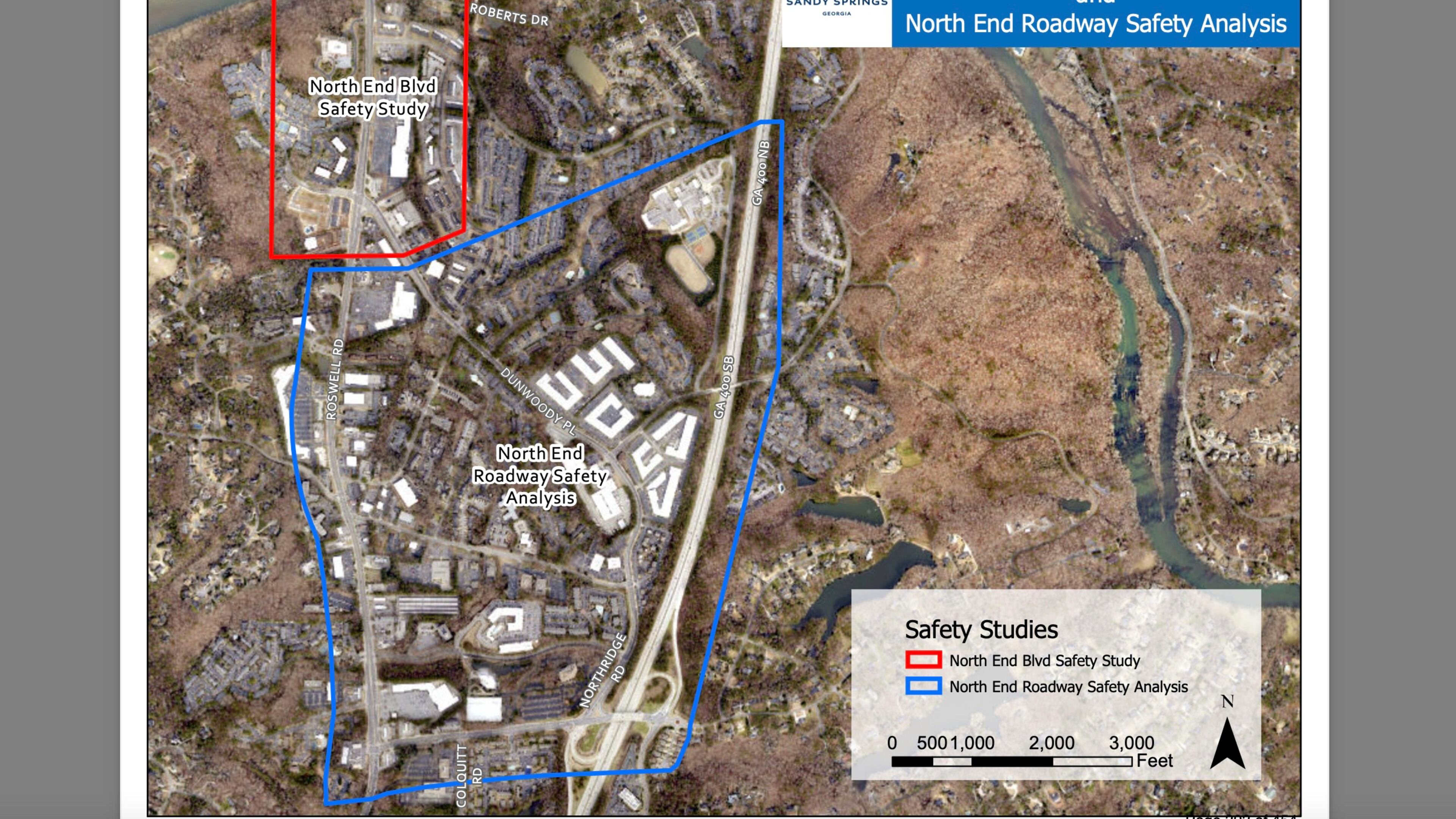 Sandy Springs will look at an area with the highest concentrations of serious crashes - the North End - comprised of portions of Roswell Road, Northridge Road, and Dunwoody Place corridors. (Courtesy City of Sandy Springs)
