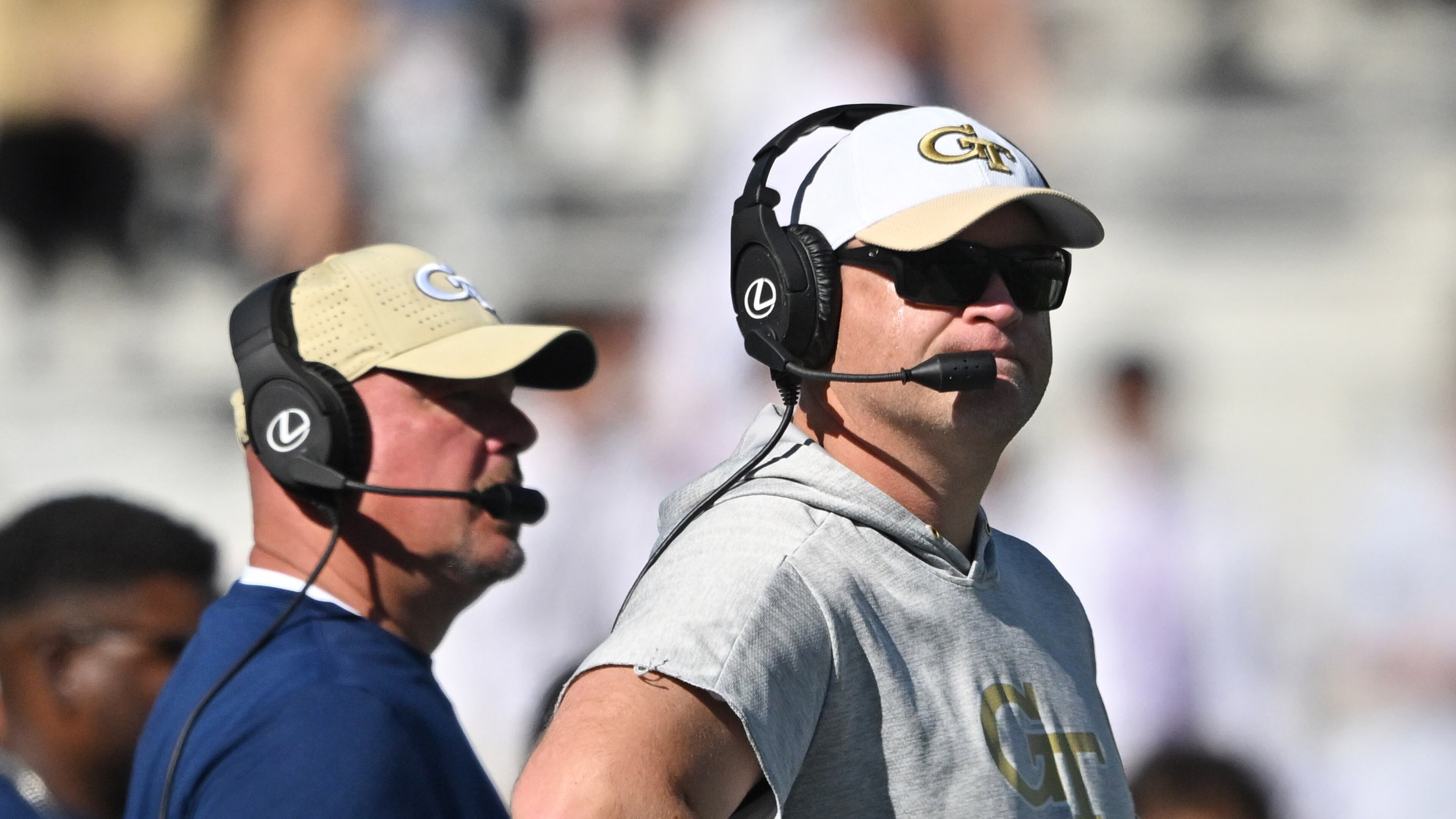 Georgia Tech head coach Brent Key reacts during the second half of an NCAA college football game at Georgia Tech's Bobby Dodd Stadium, Saturday, October 21, 2023, in Atlanta. Boston College won 38-23 over Georgia Tech. (Hyosub Shin / Hyosub.Shin@ajc.com)