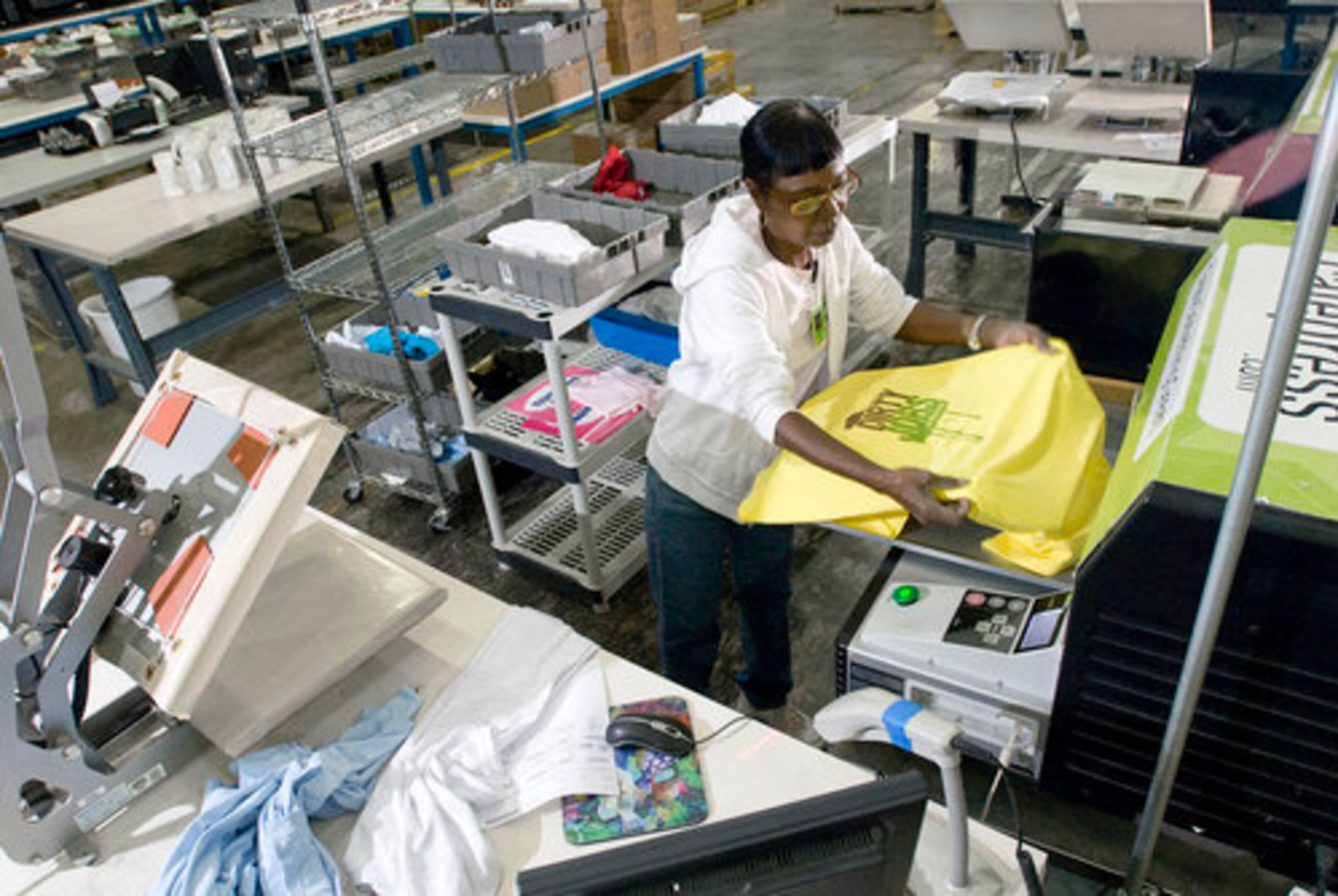 Production operator Margaret Jones makes customized shirts for CafePress.Com, which uses UPS to get its custom-made products to customers quickly.