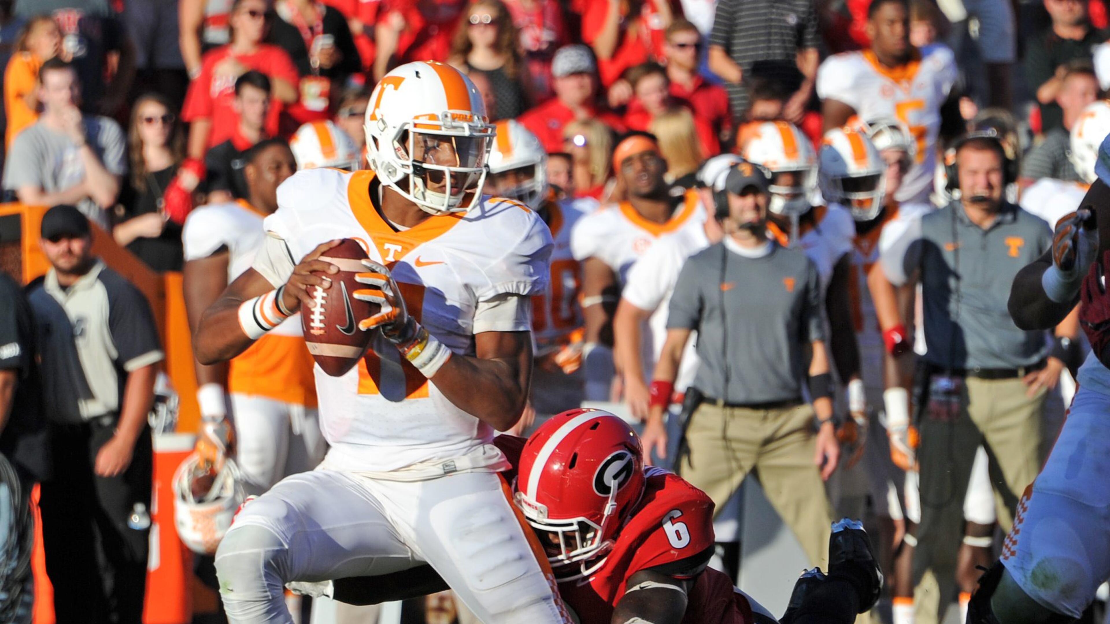ATHENS, GA - OCTOBER 1: Joshua Dobbs #11 of the Tennessee Volunteers is sacked by Natrez Patrick #6 of the Georgia Bulldogs at Sanford Stadium on October 1, 2016 in Athens, Georgia. (Photo by Scott Cunningham/Getty Images)