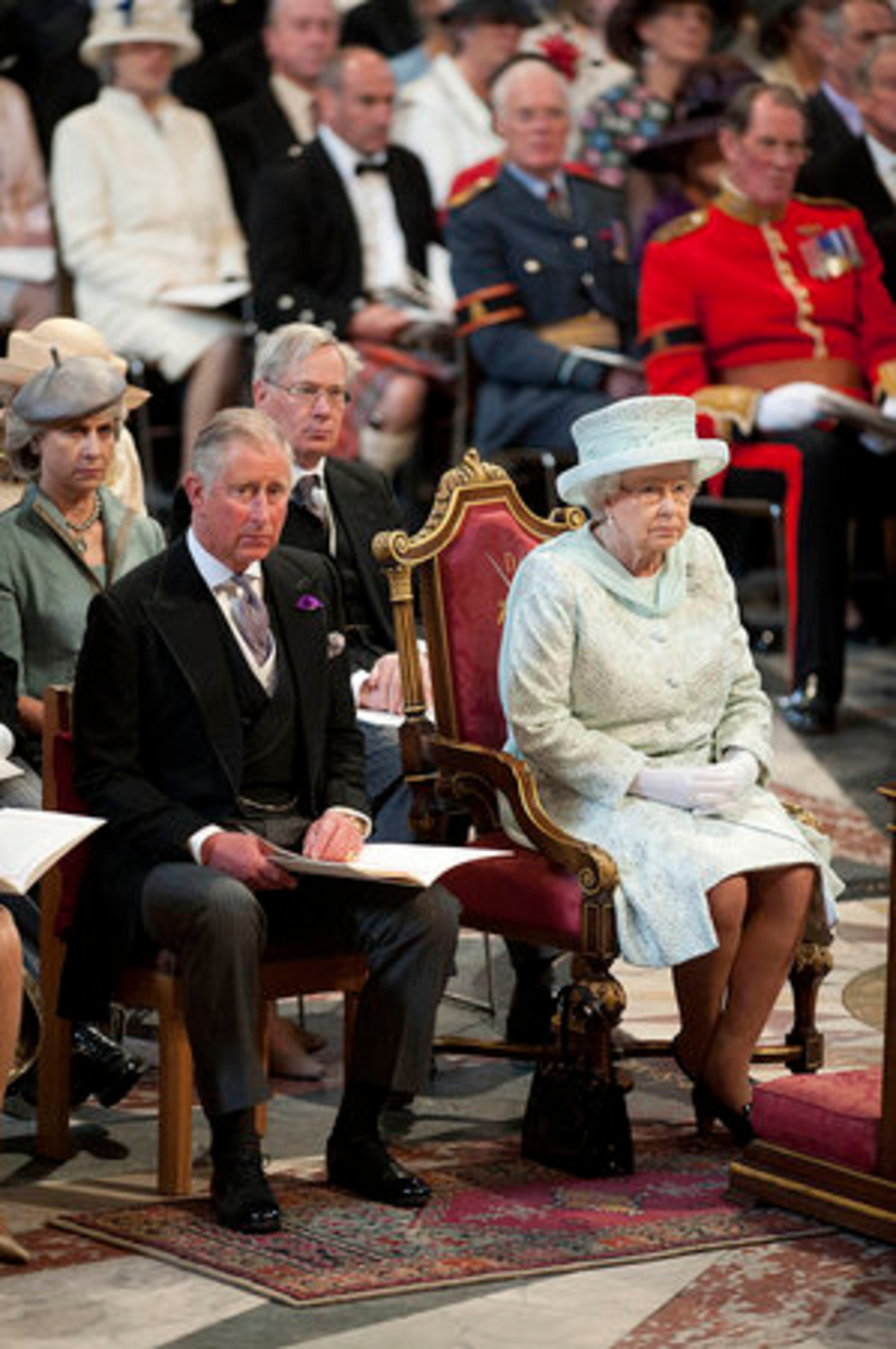 Britain's Queen Elizabeth and Prince Charles attend the service of thanksgiving. The queen's husband, Prince Phillip, was not in attendance because he's been hospitalized with a bladder infection.