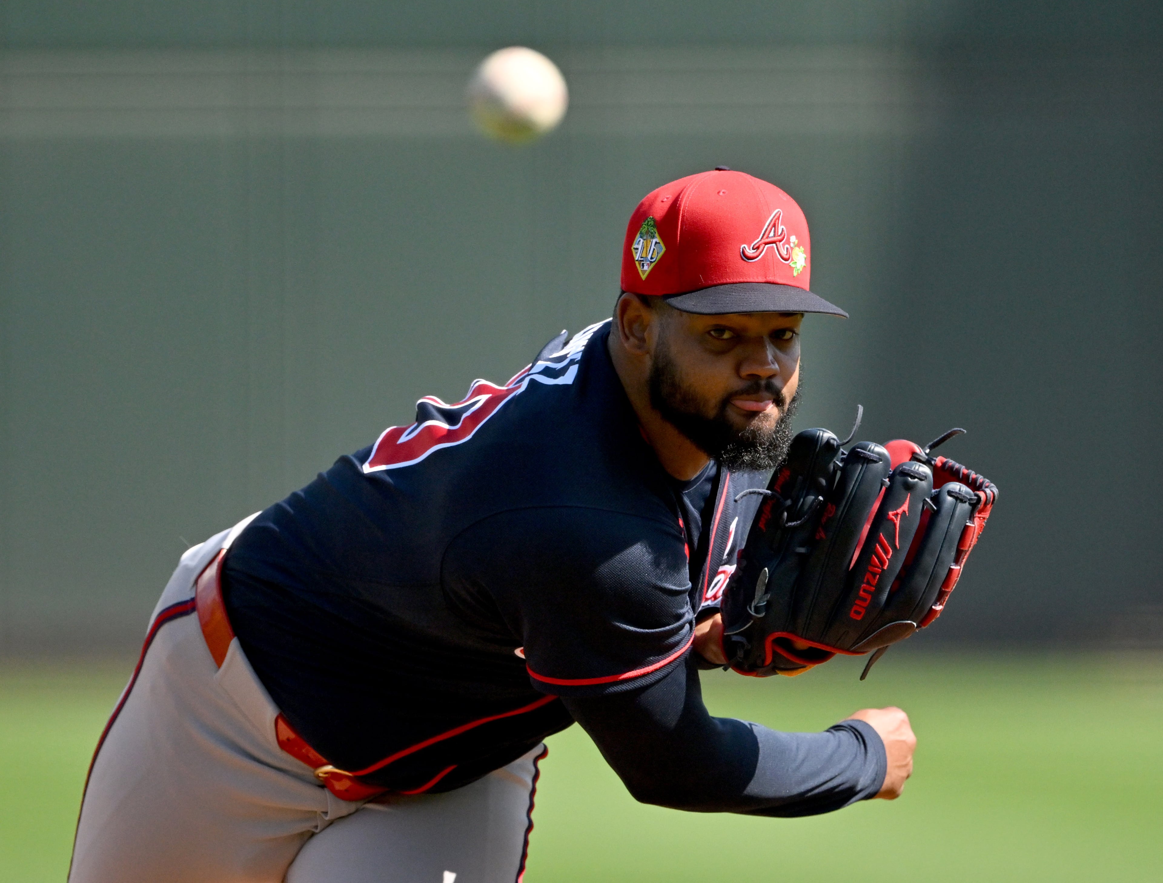 Atlanta Braves pitcher Reynaldo López throws a live batting practice session during spring training workouts at CoolToday Park, Saturday, Feb. 14, 2026, in North Port, Fla. (Hyosub Shin/AJC)