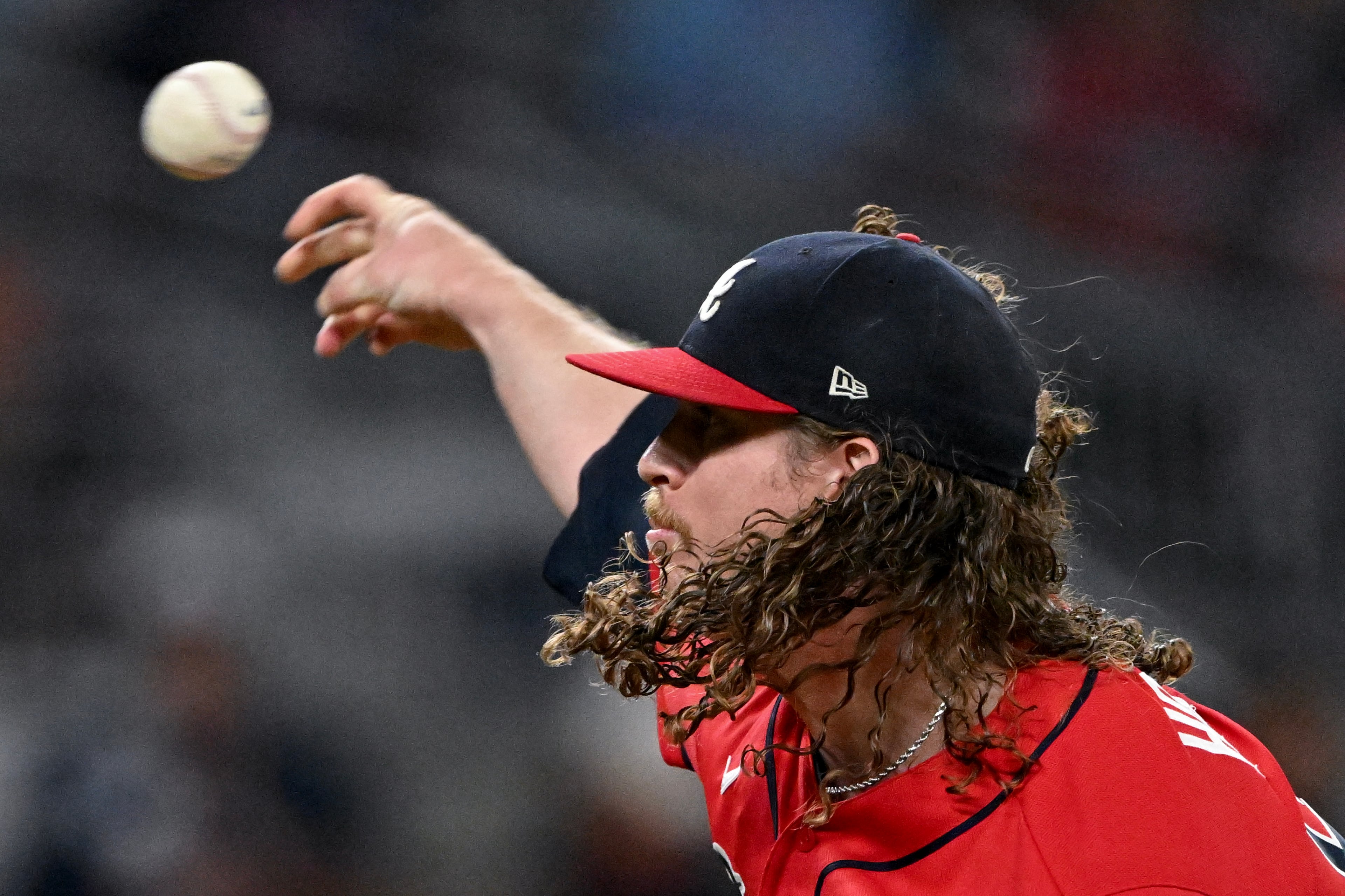 Braves pitcher Grant Holmes delivers to a Phillies batter during Game 3 of their NL Wild Card Series on Thursday, Oct. 1, 2026, in Atlanta. “We’re a great team. Everybody’s got everybody’s back,” he says. (Hyosub Shin/AJC)
