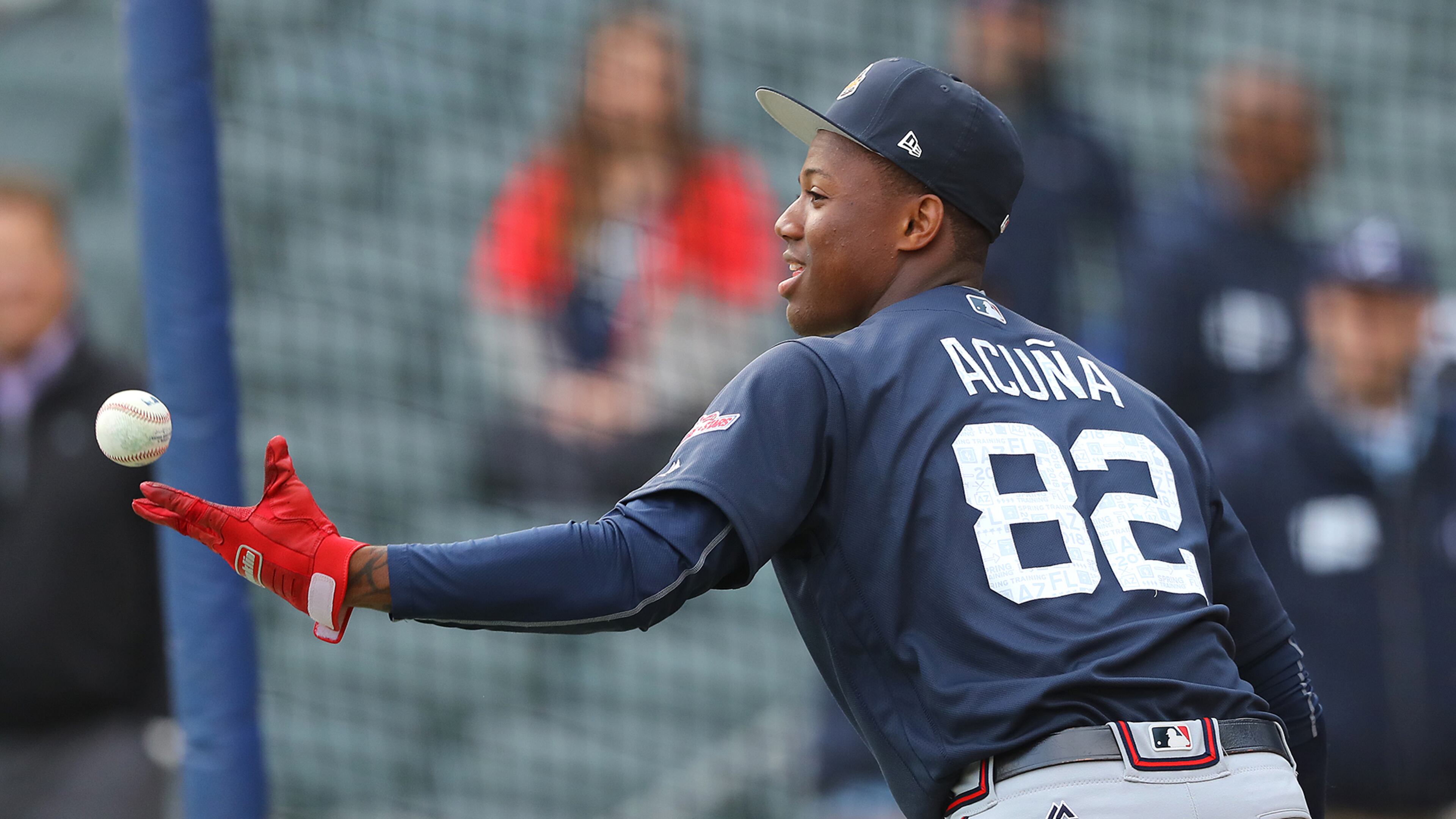 Ronald Acuna preparing for Tuesday night’s exhibition game between Braves prospects and the major league team at SunTrust Park. (Curtis Compton/ccompton@ajc.com)