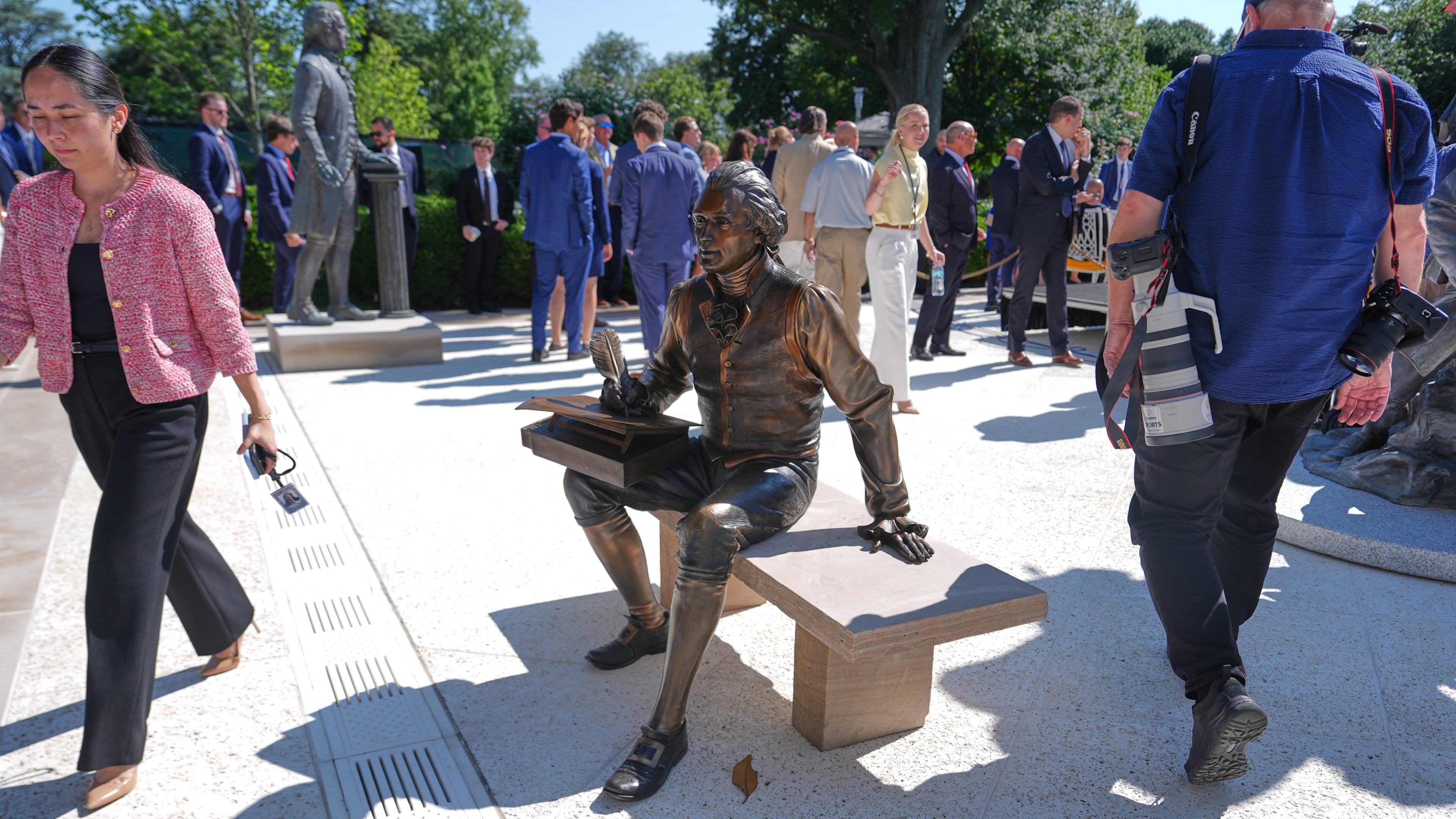 FILE - A bronze depiction of Thomas Jefferson seated and signing the Declaration of Independence is seen before President Donald Trump speaks during an event to honor the 2025 World Series champions Los Angeles Dodgers in the Rose Garden of the White House, July 23, 2026, in Washington. (AP Photo/Julia Demaree Nikhinson, File)