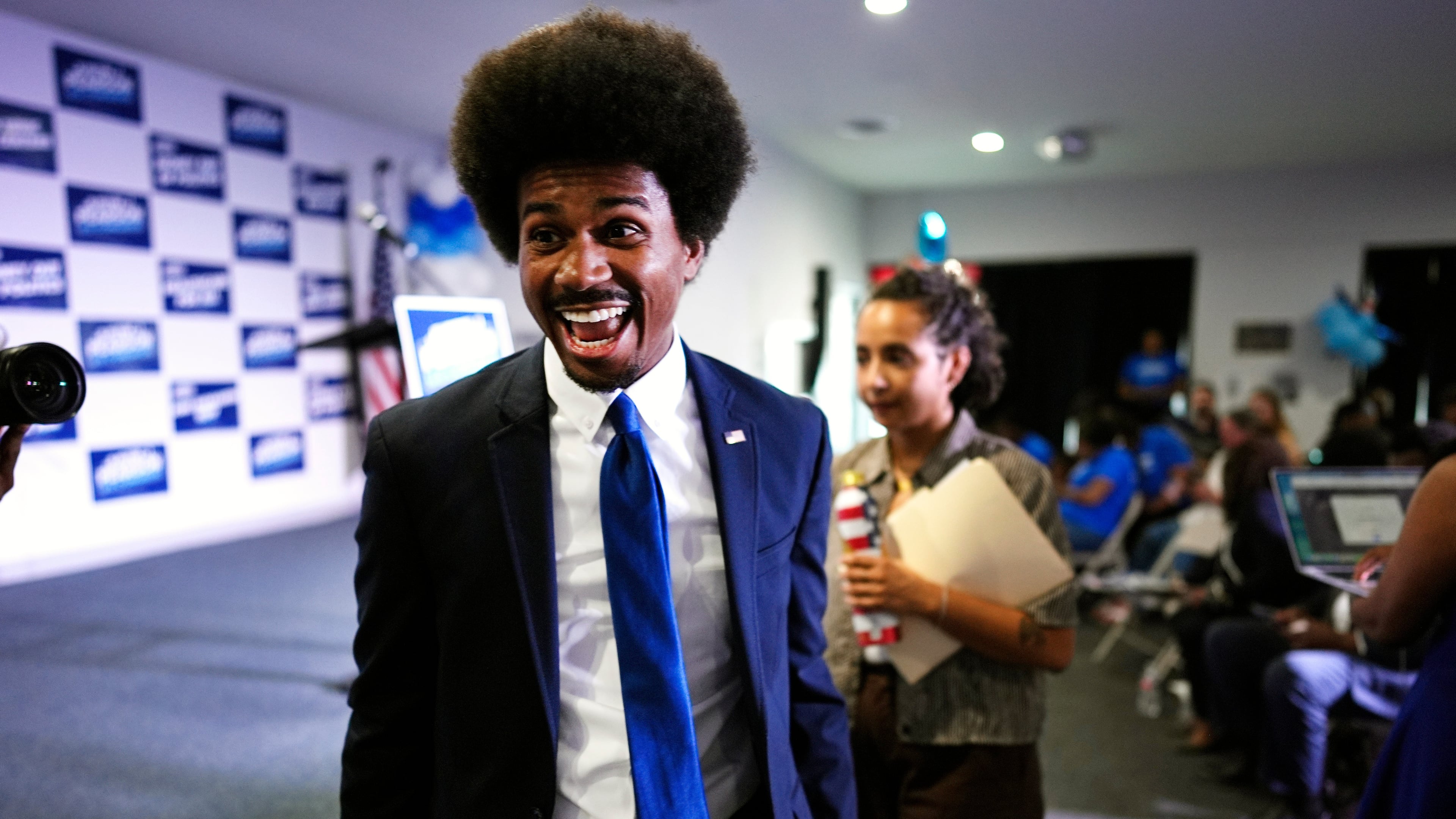 Democratic congressional candidate State Rep. Justin J. Pearson, D-Memphis, smiles upon arriving to a primary election night party Thursday, Oct. 17, 2019, in Memphis, Tenn. (AP Photo/George Walker IV)