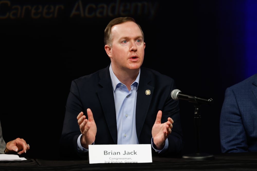 U.S. Rep. Brian Jack speaks on a panel during U.S. Education Secretary Linda McMahon's visit to Central Education Center in Newnan earlier this year. (Arvin Temkar/AJC)