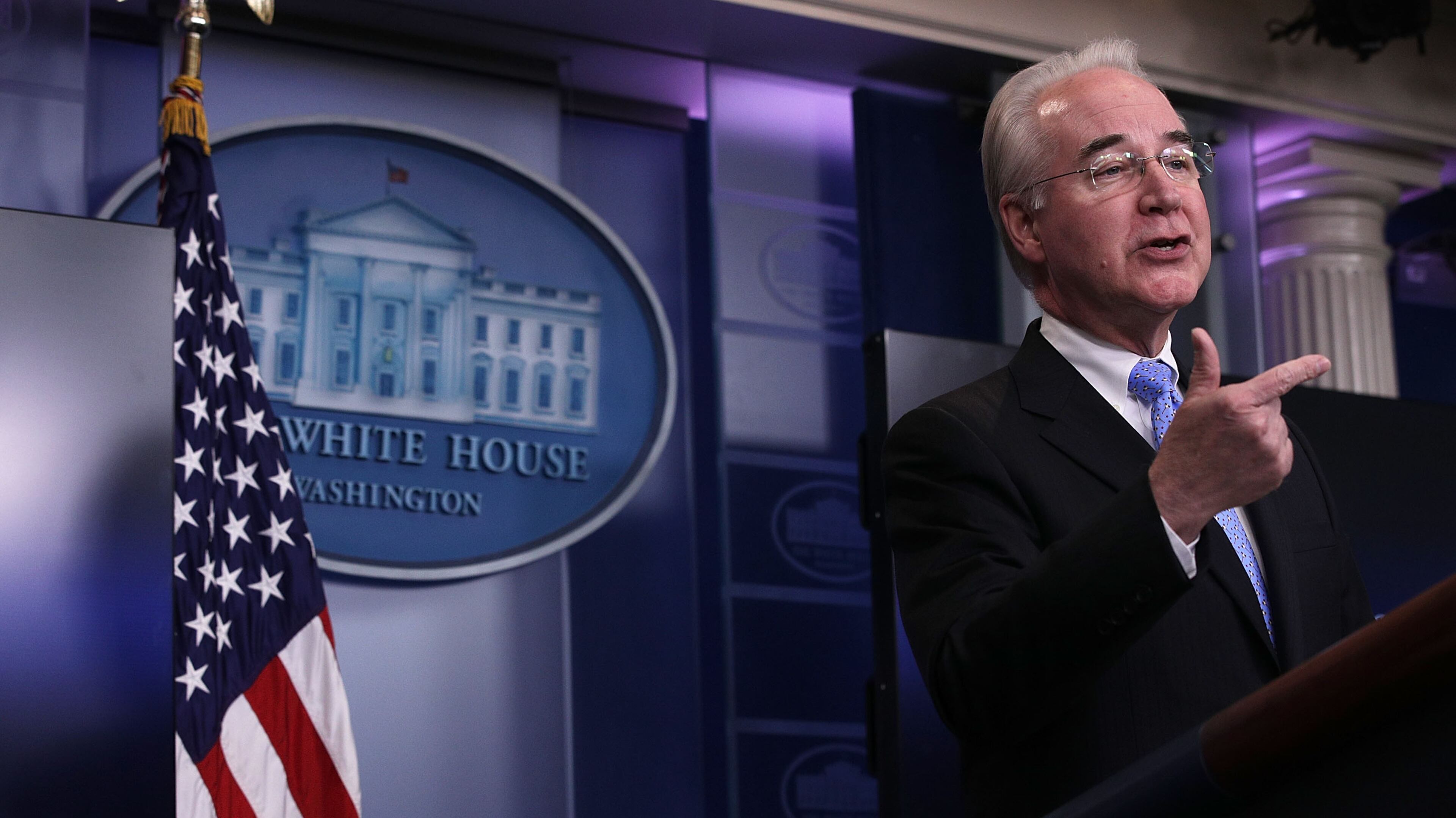 Secretary of Health and Human Services Tom Price speaks during a White House press briefing in Washington this spring. Alex Wong/ Getty Images