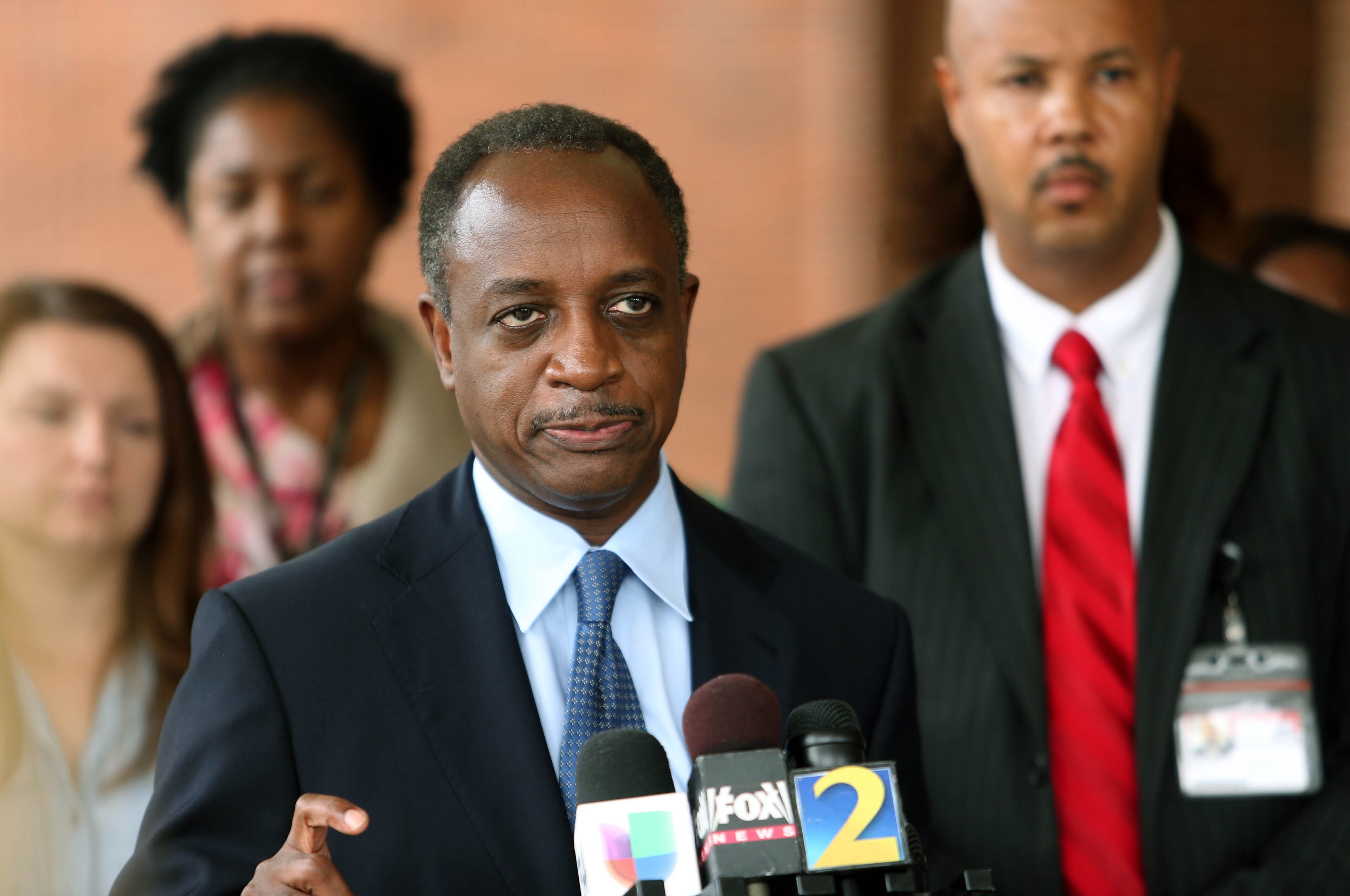 DeKalb County Schools interim superintendent Michael Thurmond speaks to members of the media about the incident that happened at McNair Learning Academy yesterday shown at McNair High School Wednesday morning in Atlanta.