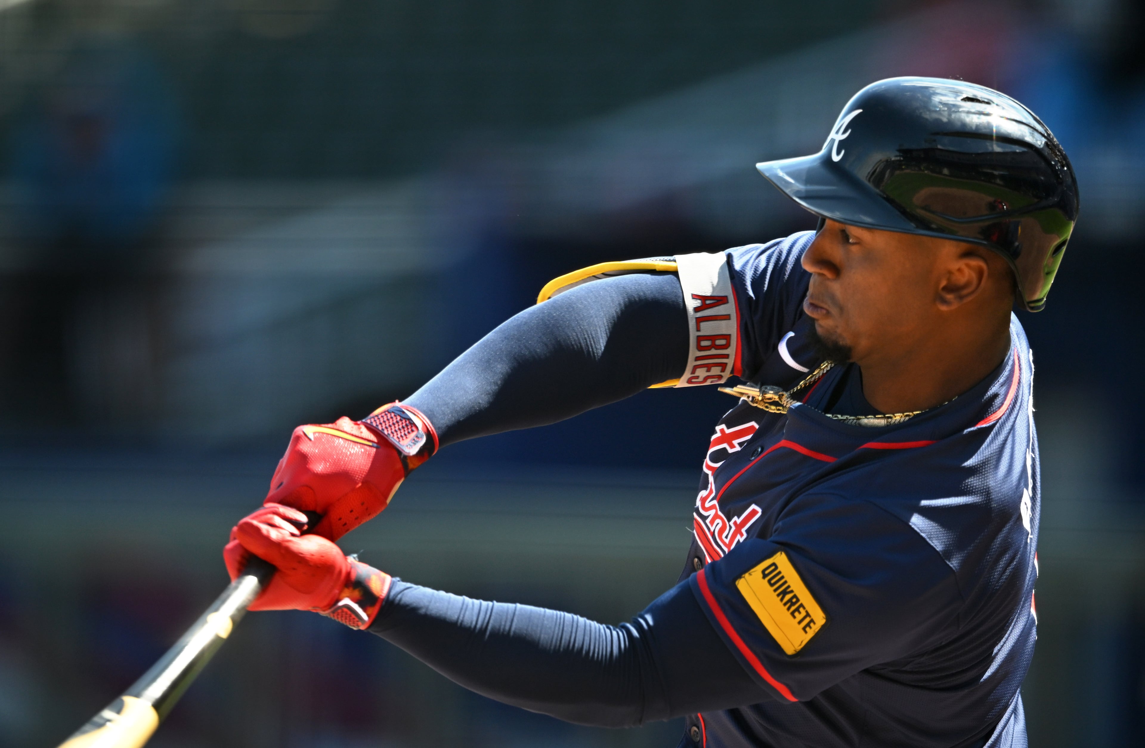 Atlanta Braves second baseman Ozzie Albies takes live batting practice during spring training workouts at CoolToday Park, Friday, Feb. 23, 2024, in North Port, Florida. (Hyosub Shin / Hyosub.Shin@ajc.com)