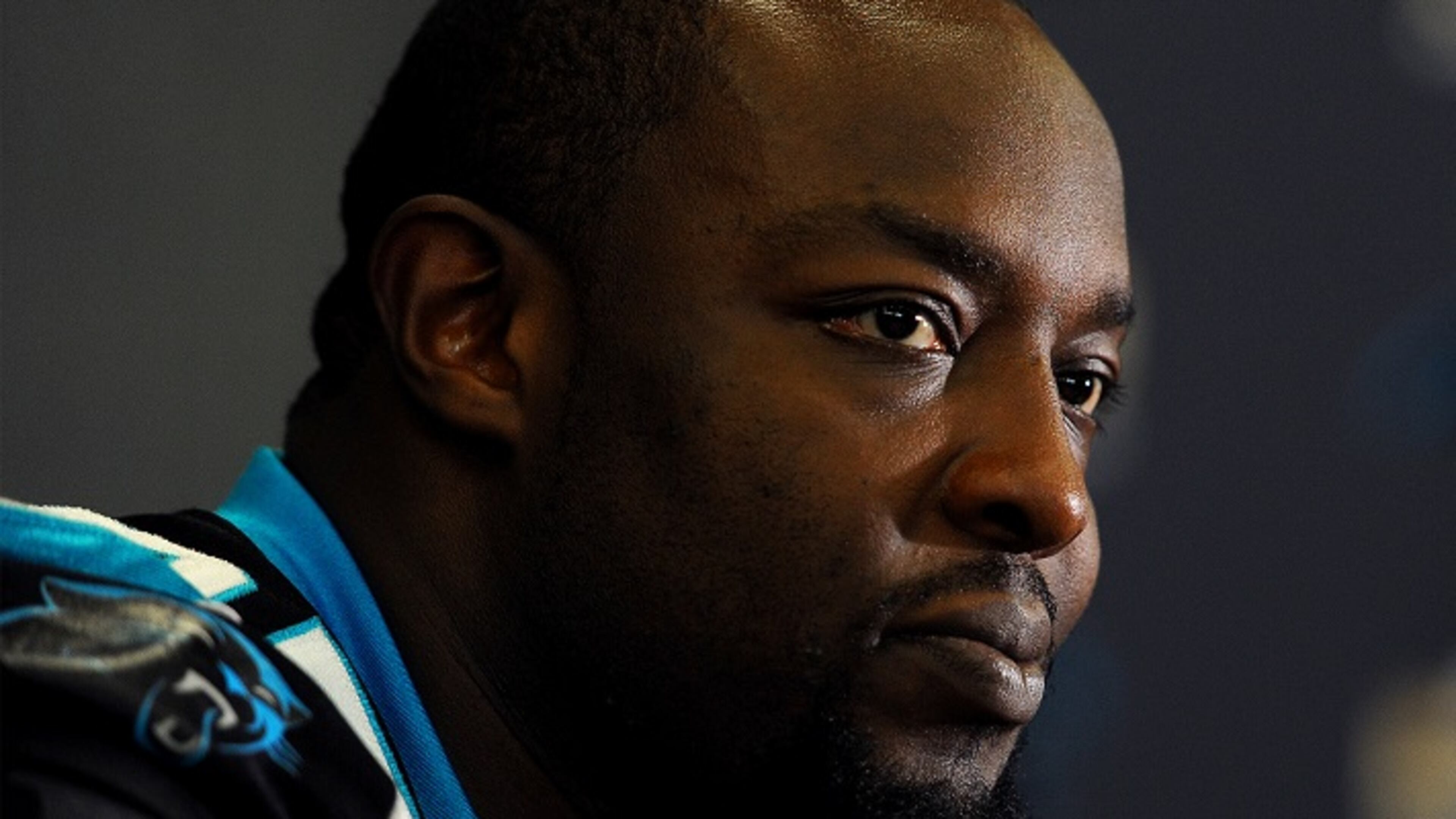 Carolina Panthers defensive end Charles Johnson during player media availability on February 3, 2016, at the San Jose Convention Center in San Jose, Calif. (Jeff Siner/Charlotte Observer/TNS)