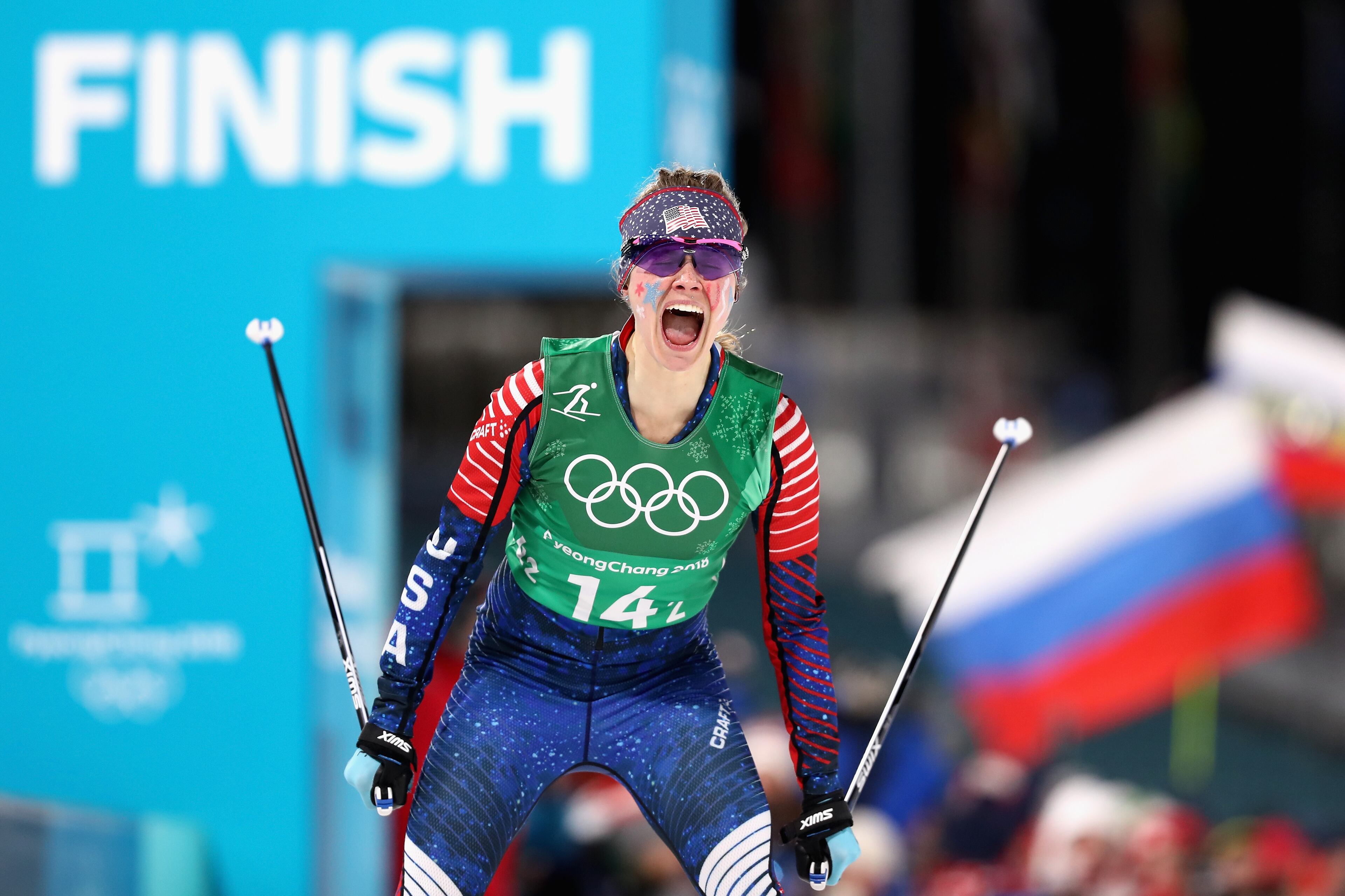 PYEONGCHANG-GUN, SOUTH KOREA - FEBRUARY 21: Jessica Diggins of the United States celebrates as she crosses the line to win gold during the Cross Country Ladies' Team Sprint Free Final on day 12 of the PyeongChang 2018 Winter Olympic Games at Alpensia Cross-Country Centre on February 21, 2018 in Pyeongchang-gun, South Korea. (Photo by Lars Baron/Getty Images)