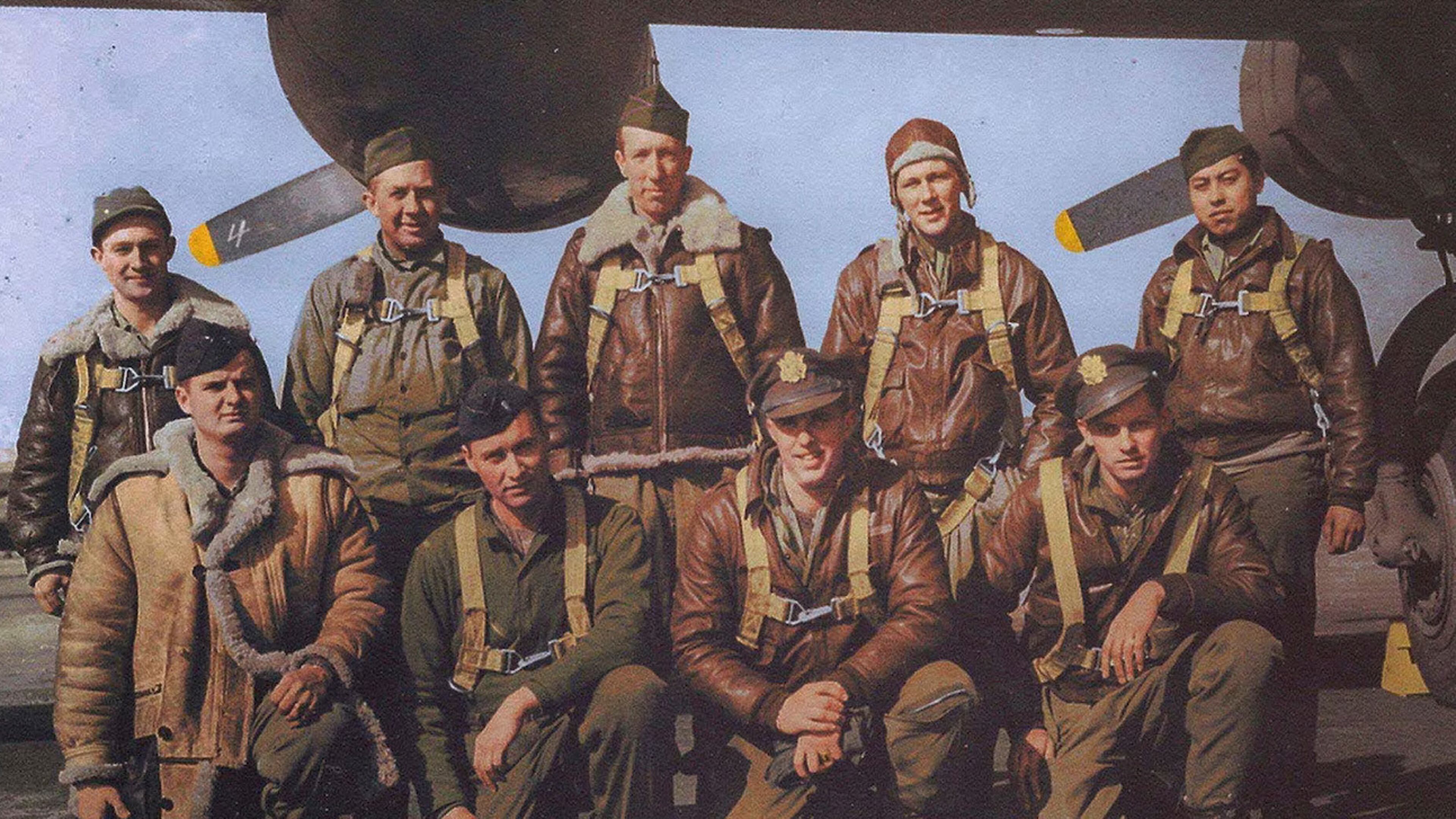 In an undated photo from the DPAA, First Lt. William B. Montgomery, front row, second from right, with other members of the U.S. Army Air Forces. Montgomery flew a B-24 Liberator toward the British coast after it was hit in June 1944. Historians credit him for saving the lives of seven crew members. (DPAA via The New York Times) -- NO SALES; FOR EDITORIAL USE ONLY --