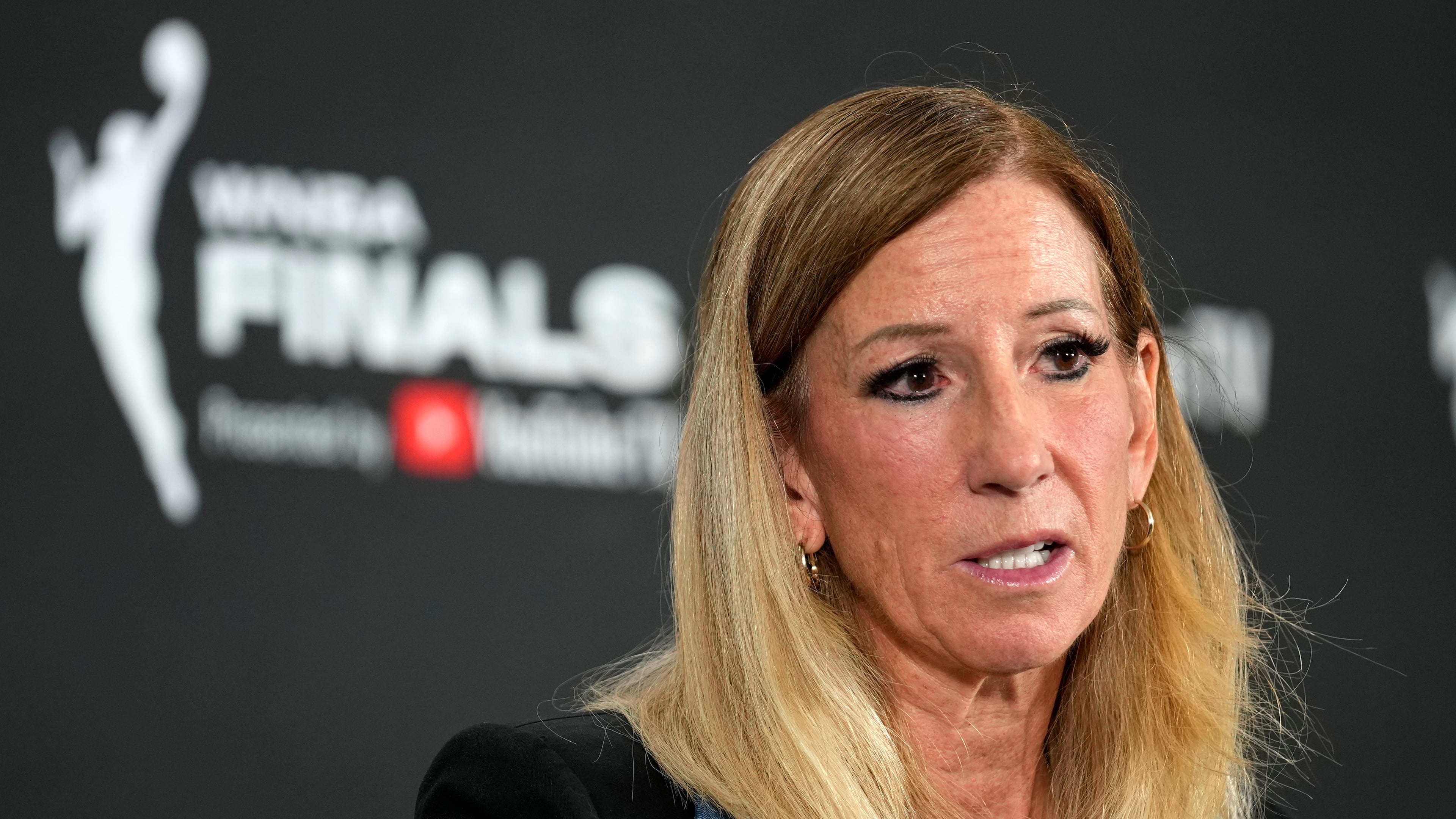 FILE - WNBA commissioner Cathy Engelbert speaks prior to Game 1 of a WNBA basketball final playoff series between the Las Vegas Aces and the Phoenix Mercury, Oct. 3, 2025, in Las Vegas. (AP Photo/John Locher, File)