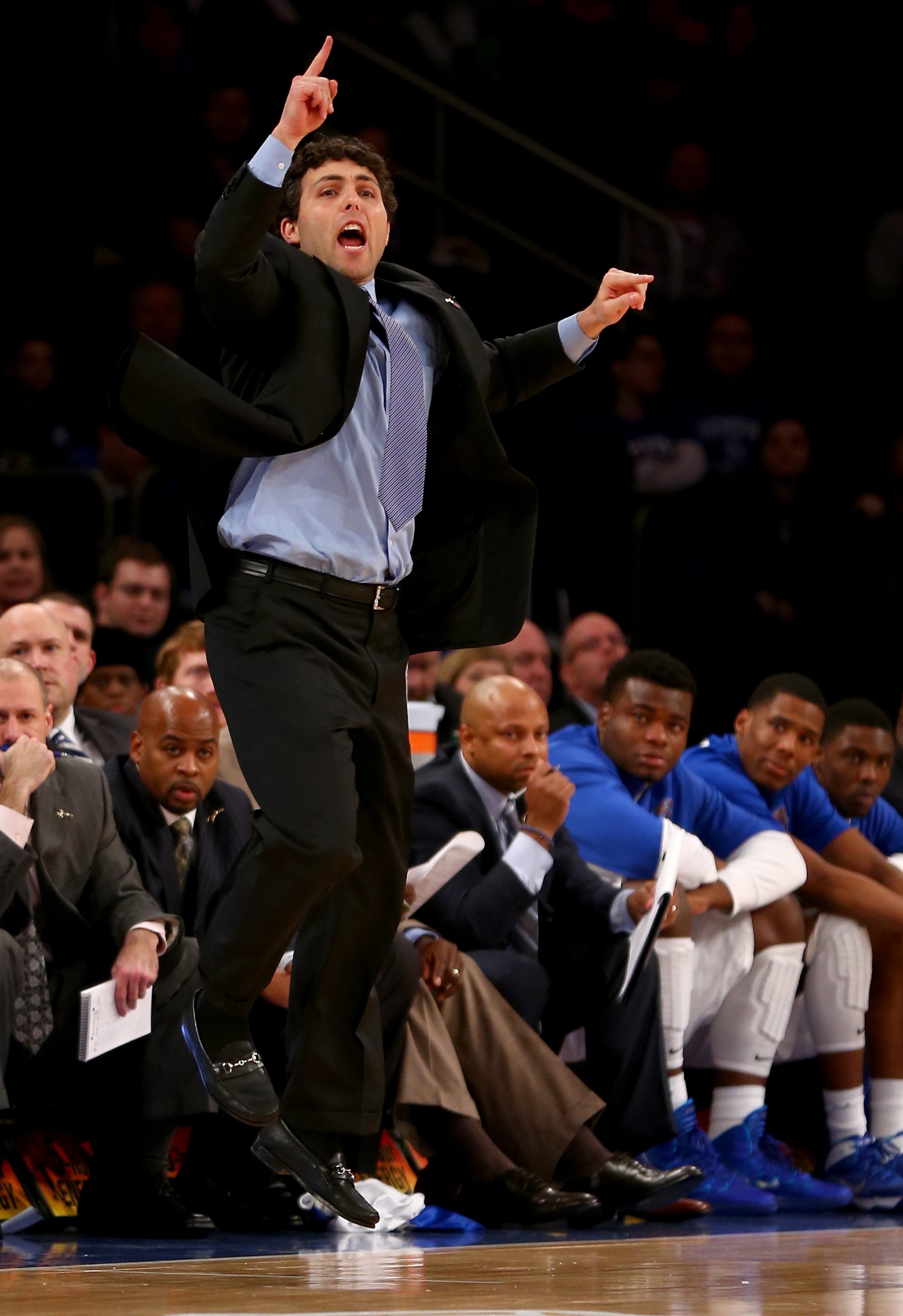 Coach Josh Pastner of the Memphis Tigers directs his players in the final minutes of the game against the Florida Gators in 2013. (Photo by Elsa/Getty Images)