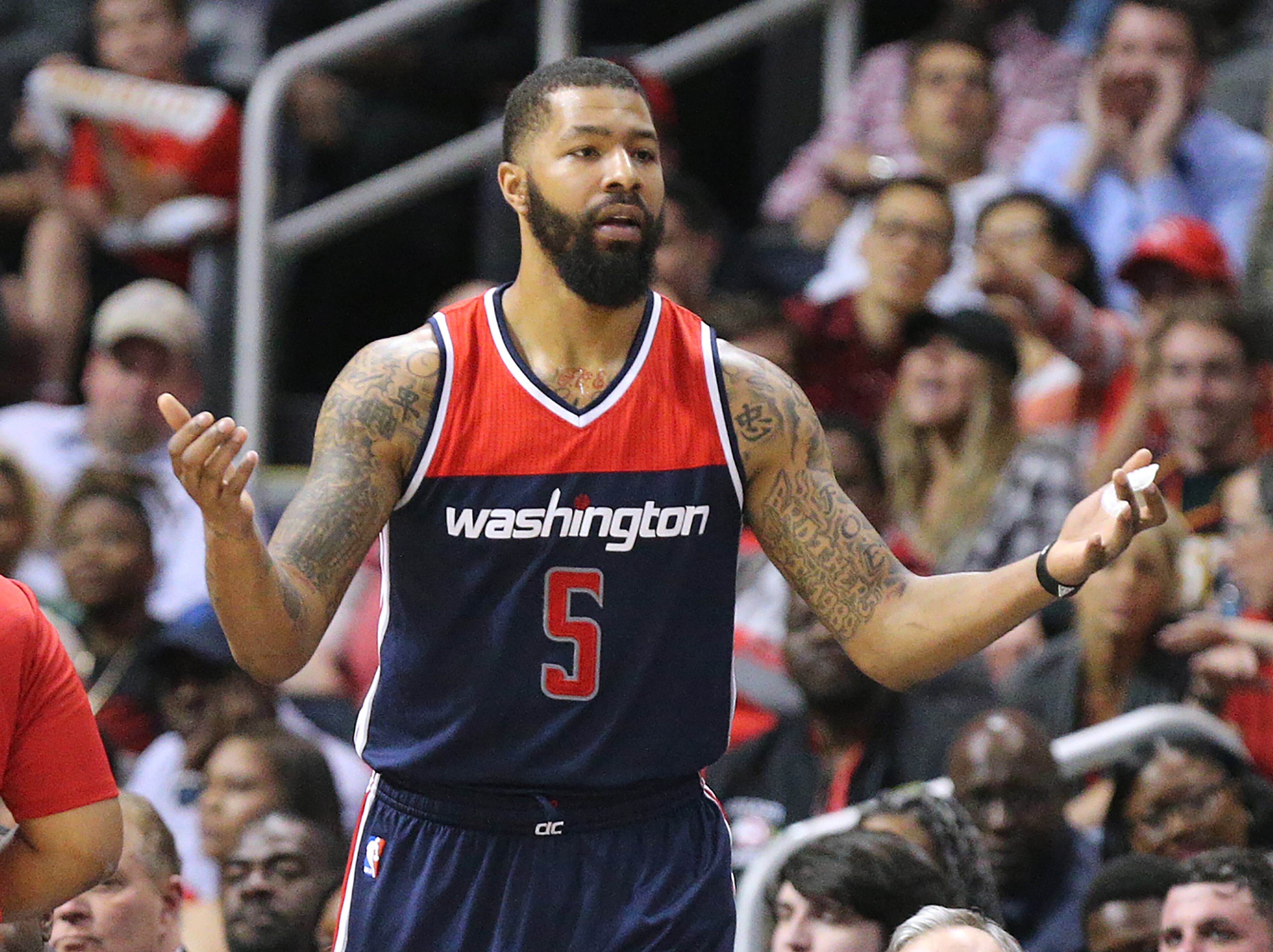 Markieff Morris looks to an official for a call against the Hawks in game 4 of a first-round NBA basketball playoff series on Monday, April 24, 2017, in Atlanta.