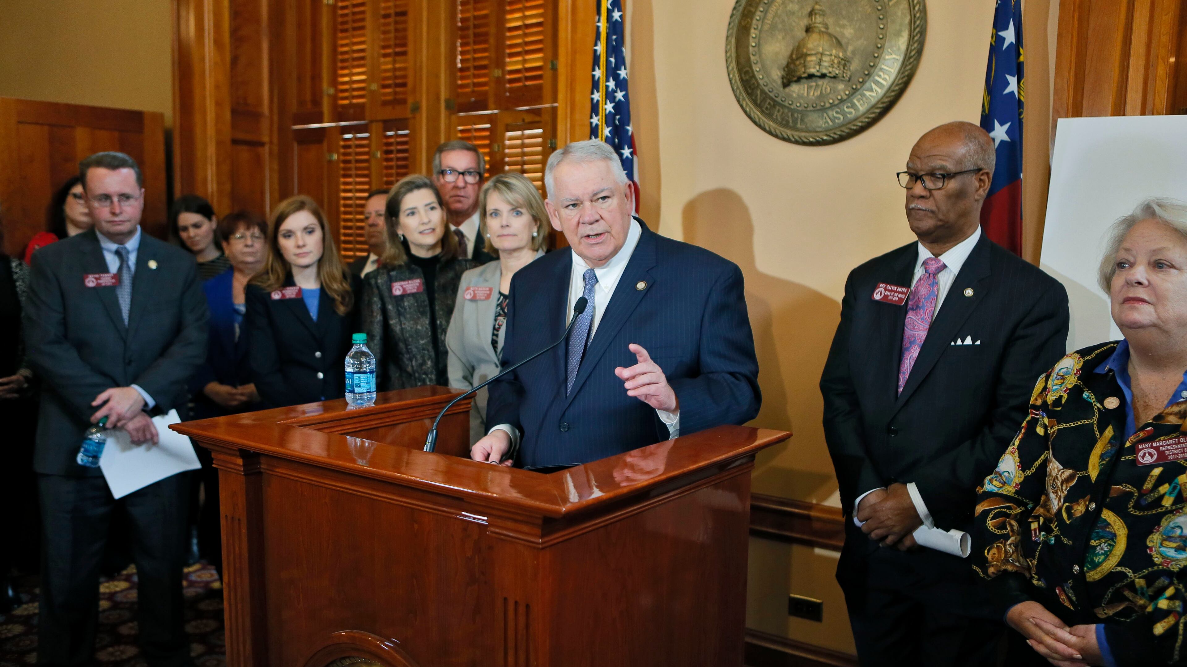 A House press conference that saw the unveiling of HB 930, a measure to involve state government in transit issues. From left: House Transportation Chairman Keven Tanner, R-Dawsonville; state Reps. Meagan Hanson, R-Brookhaven; Deborah Silcox, R-Sandy Springs; Tom Taylor, R-Dunwoody; Beth Beskin, R-Atlanta; House Speaker David Ralston, R-Blue Ridge; state Reps. Calvin Smyre, D-Columbus; and Mary Margaret Oliver, D-Decatur. BOB ANDRES /BANDRES@AJC.COM