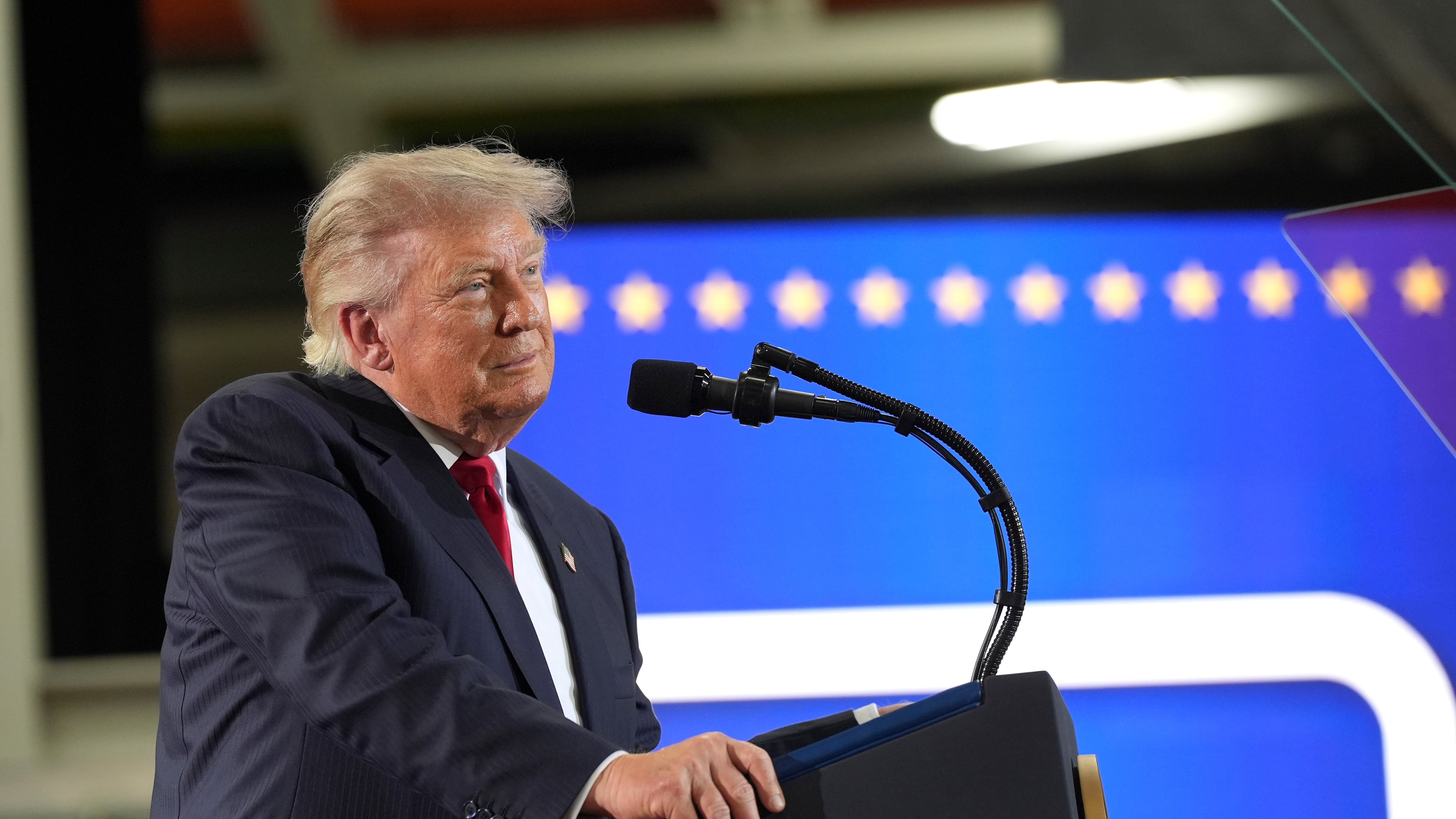 President Donald Trump pauses during a speech at General Motors proving ground, Monday, July 27, 2026, in Milford, Mich. (AP Photo/Alex Brandon)