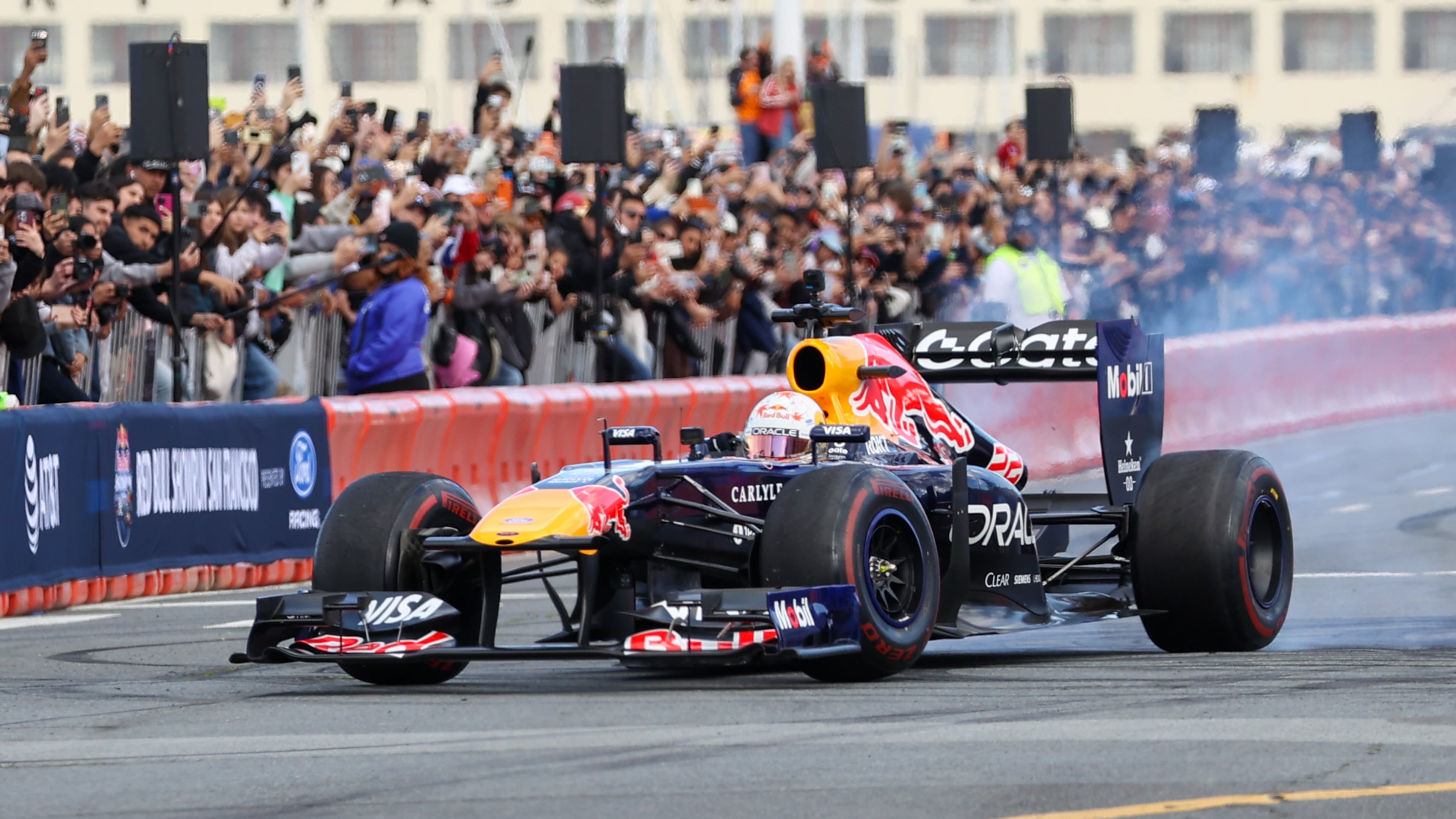 Oracle Red Bull Racing F1 car and Visa Cash App Racing Bulls F1 reserve driver Yuki Tsunoda takes part in a demonstration presented by Ford is a Formula One during the Red Bull Showrun in San Francisco on February 21, 2026. (Tayfun Coskun/Anadolu via Getty Images)