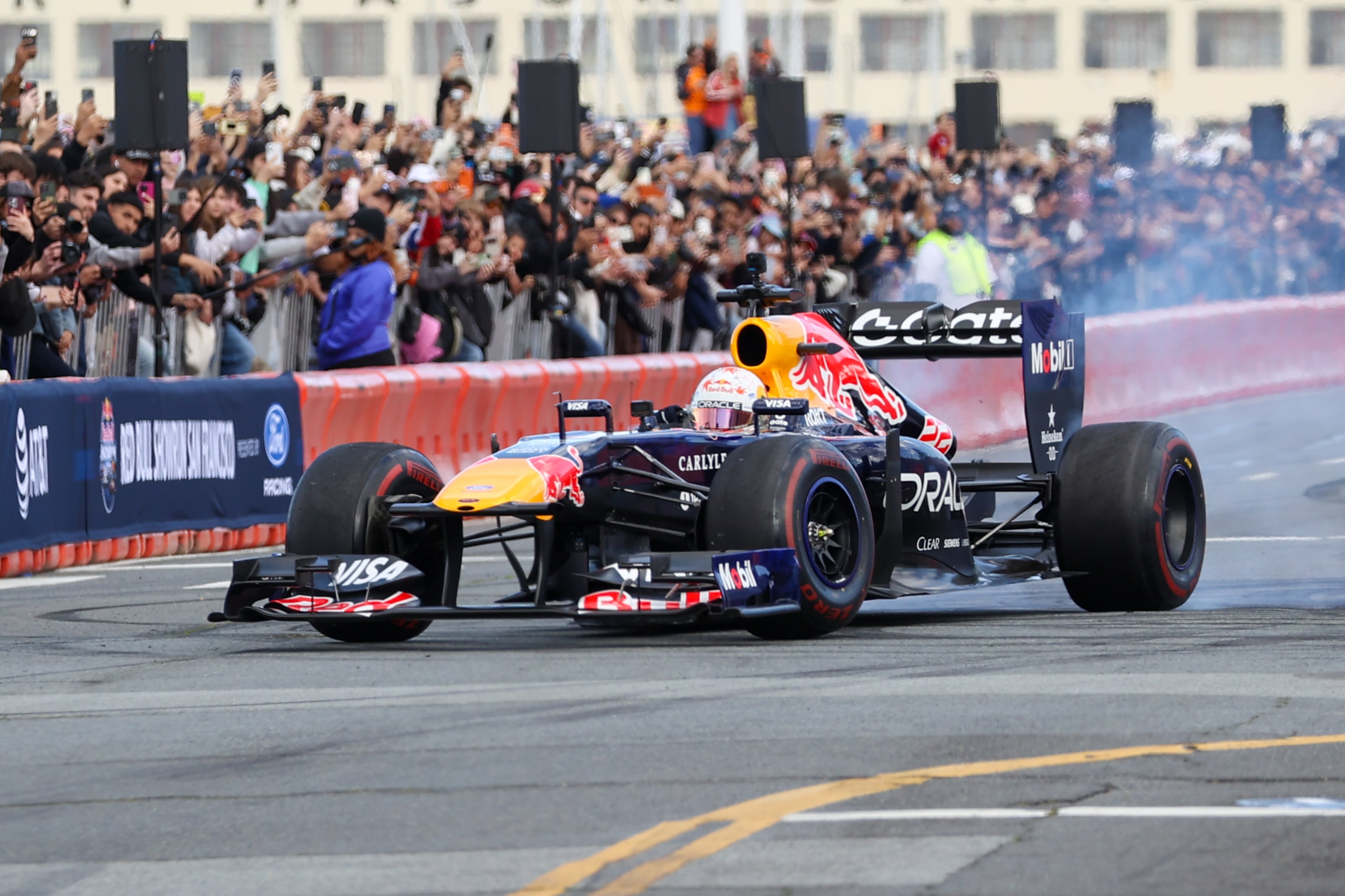 Oracle Red Bull Racing F1 car and Visa Cash App Racing Bulls F1 reserve driver Yuki Tsunoda takes part in a demonstration presented by Ford is a Formula One during the Red Bull Showrun in San Francisco on February 21, 2026. (Tayfun Coskun/Anadolu via Getty Images)