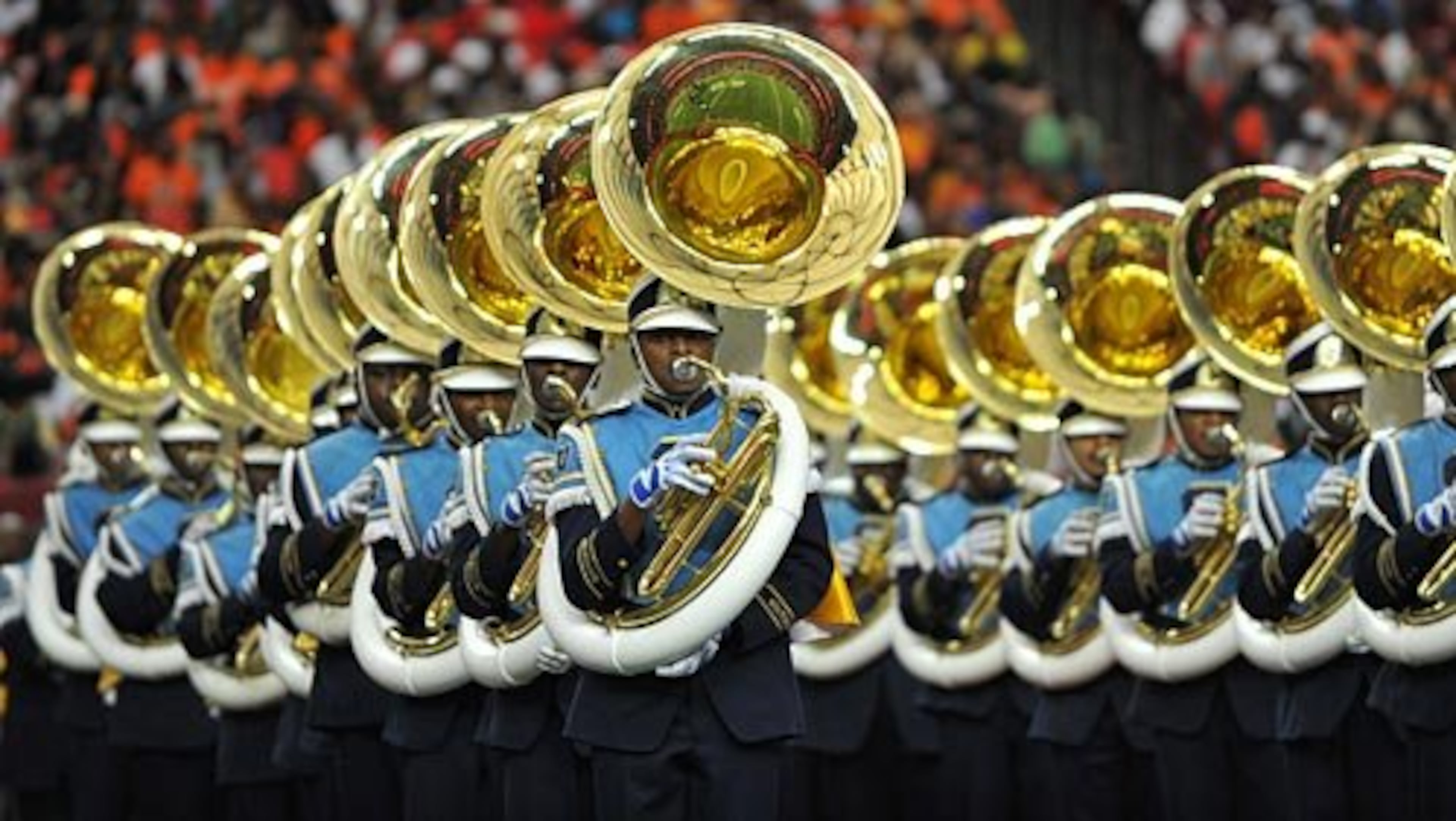 Members of the Southern University marching band perform.