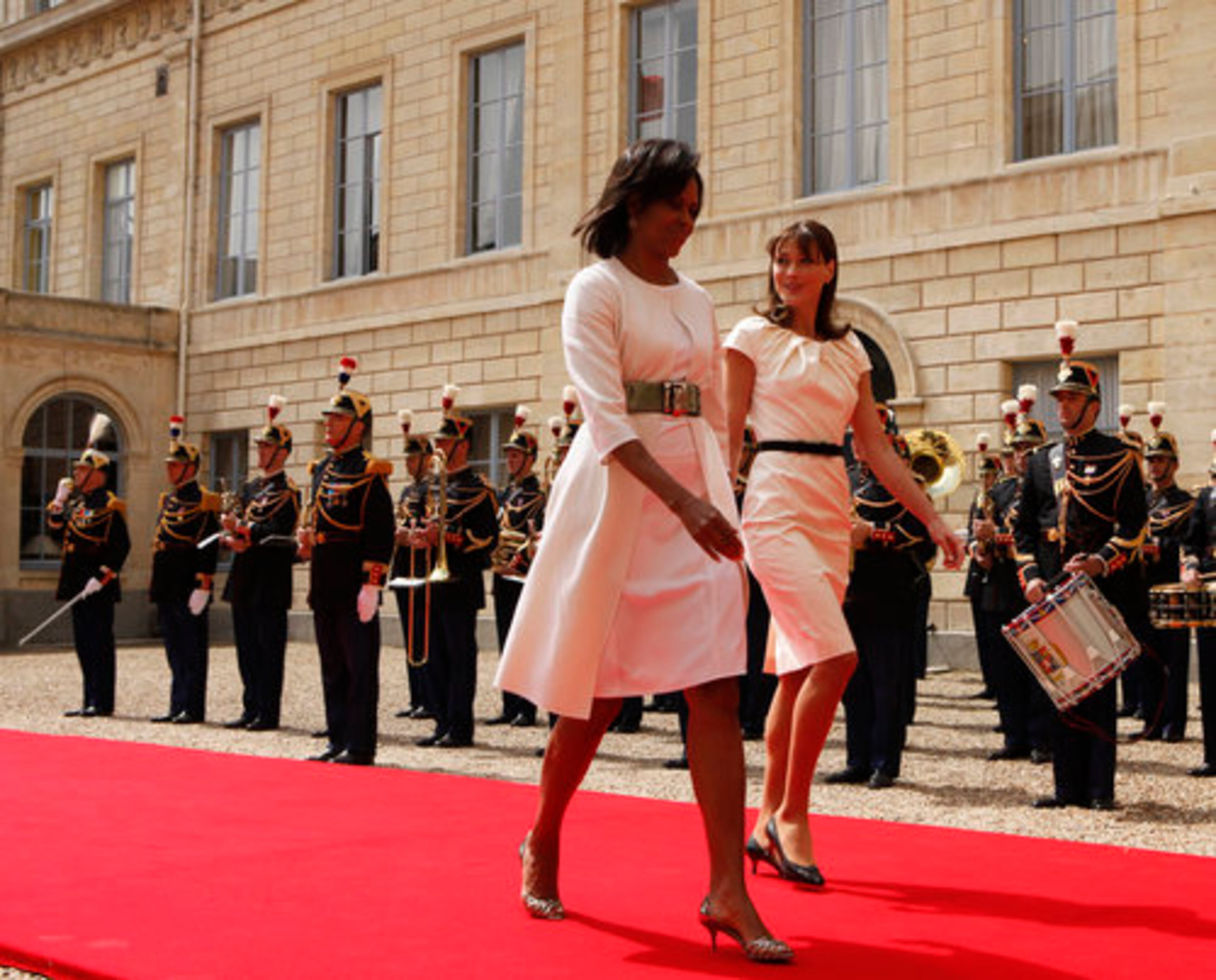 First lady Michelle Obama seen during an arrival ceremony with French first lady Carla Bruni-Sarkozy, at the Prefecture, in Caen, France, Saturday.
