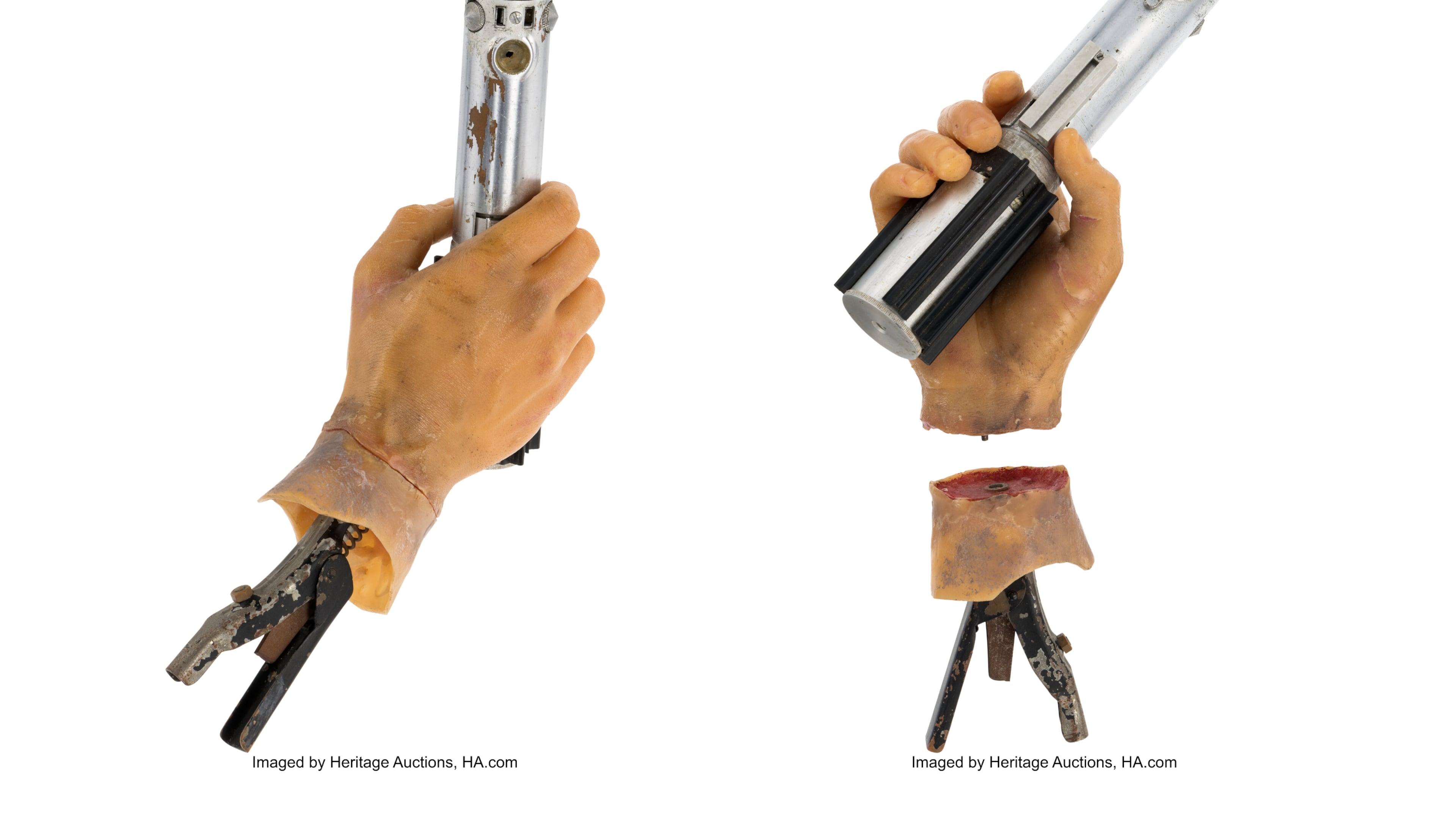 This combination of images released by Heritage Auctions show the light saber used on screen by Mark Hamill's character Luke Skywalker in the 1980 "Star Wars" sequel "The Empire Strikes Back." (Heritage Auctions via AP)