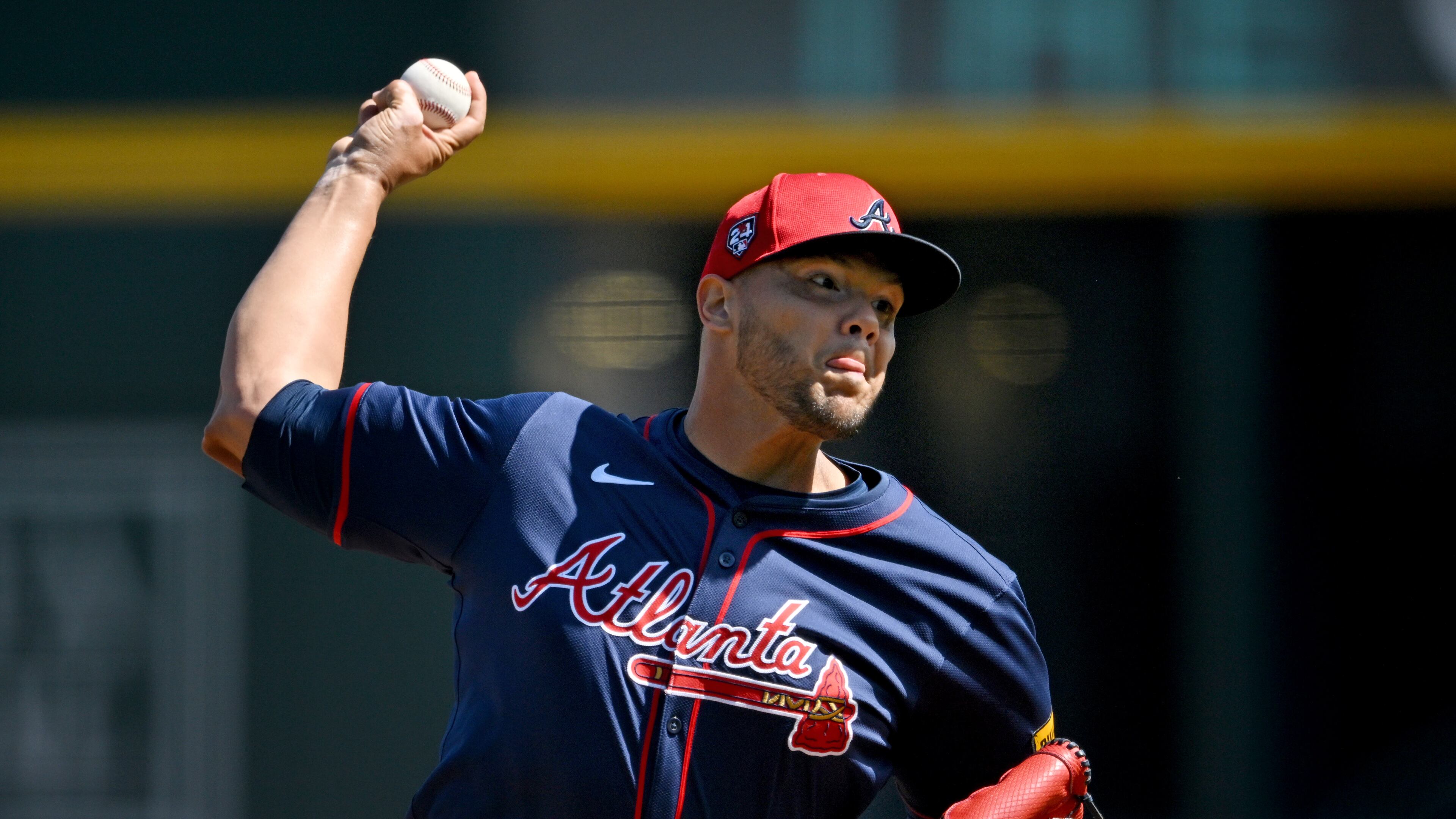 Braves relief pitcher Joe Jimenez throws a pitch during spring training workouts at CoolToday Park, Friday, Feb. 23, 2024, in North Port, Florida. (Hyosub Shin / Hyosub.Shin@ajc.com)