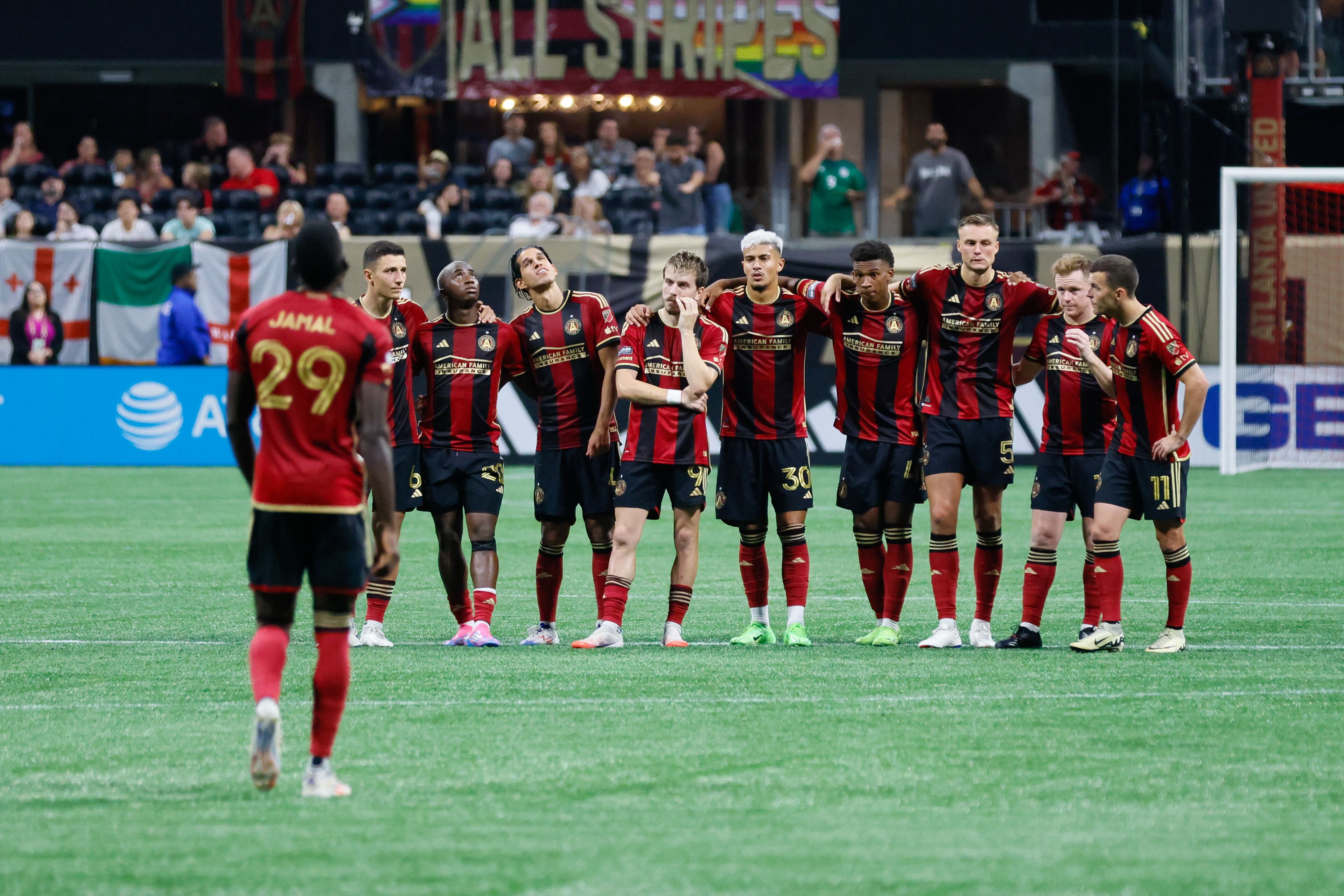 The Atlanta United players watched forward Jamal Thiare after he missed a penalty kick against Liga MX Santos Laguna during the Leagues Cup match at Mercedes-Benz Stadium on Sunday, Aug. 4, 2024, in Atlanta. Santos won 5-3 in penalty kicks.
(Miguel Martinez/ AJC)