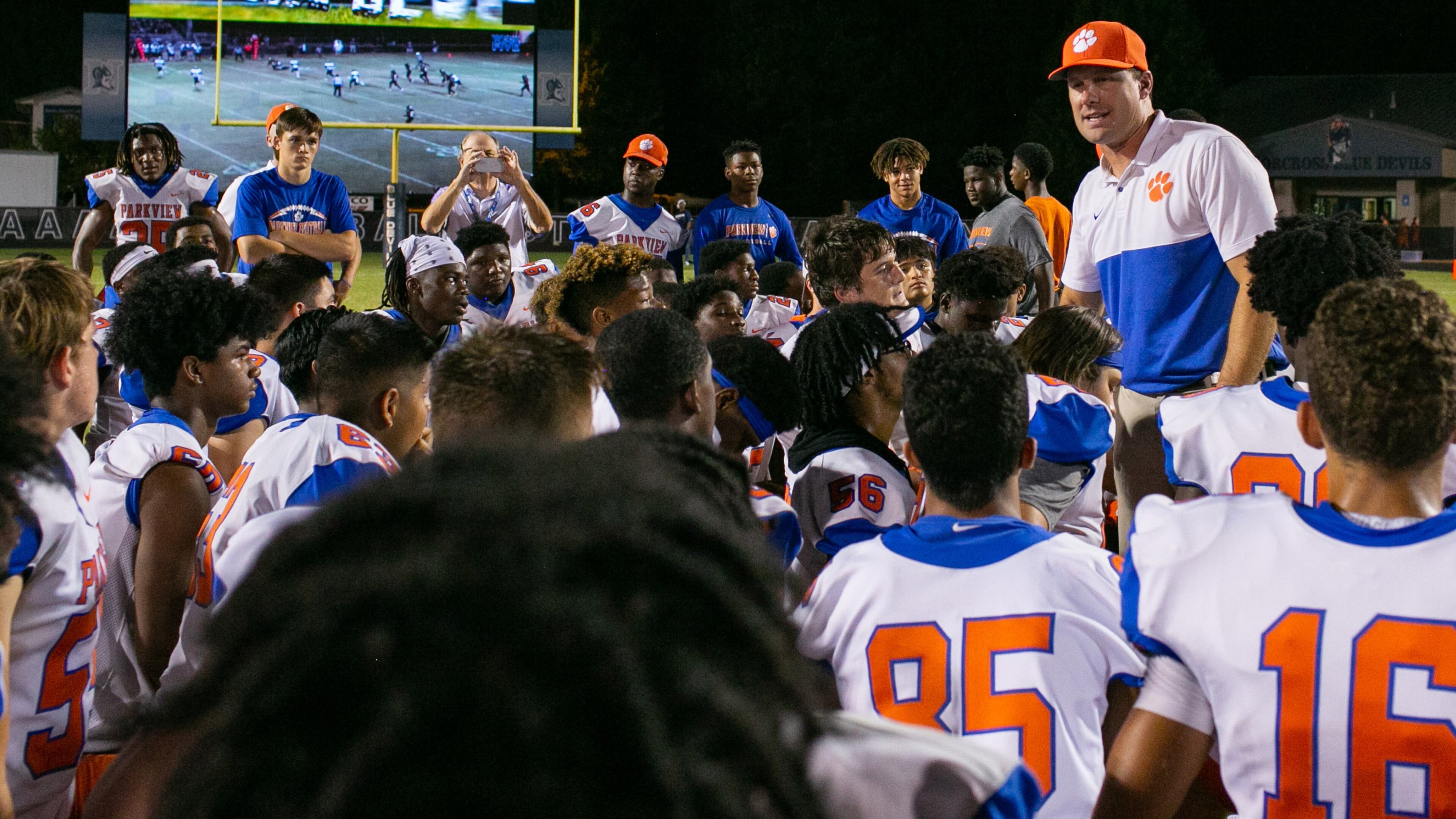 Parkview head coach Eric Godfree talks to the team after a 2019 win over Norcross.