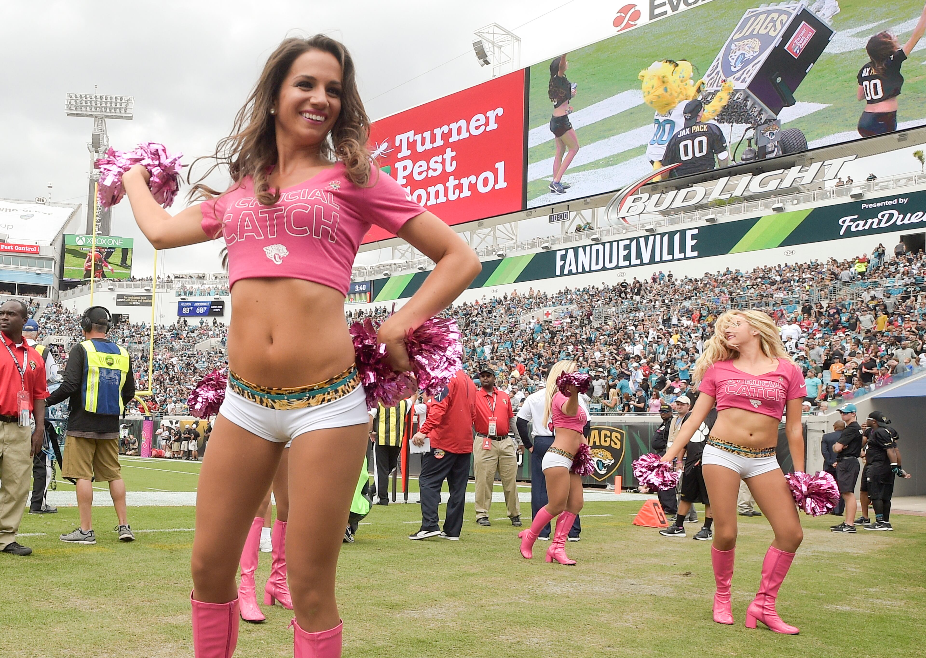 Jacksonville Jaguars cheerleaders perform during the first half of an NFL football game between the Jacksonville Jaguars and the Houston Texans in Jacksonville, Fla., Sunday, Oct. 18, 2015.(AP Photo/Phelan M. Ebenhack)