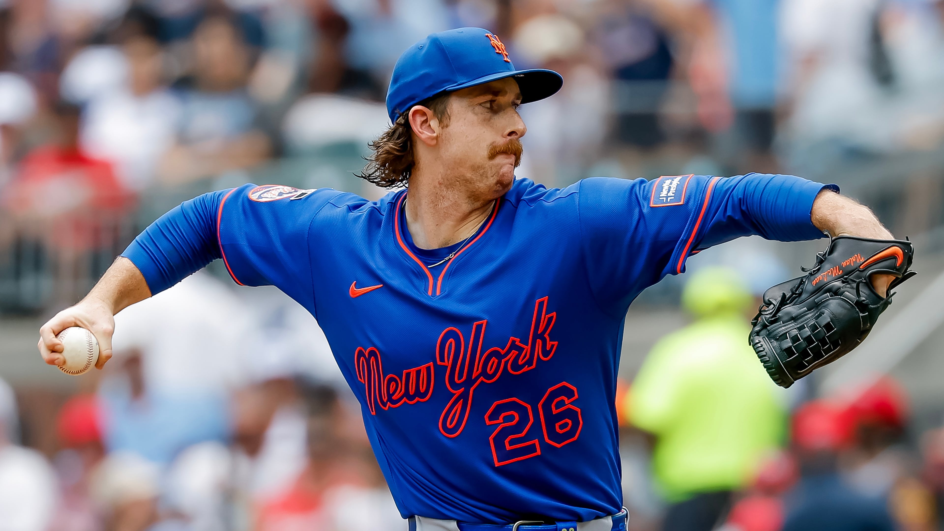 New York Mets pitcher Nolan McLean delivers to an Atlanta Braves batter during the first inning of a baseball game, Sunday, July 5, 2026, in Atlanta. (AP Photo/Erik S. Lesser)